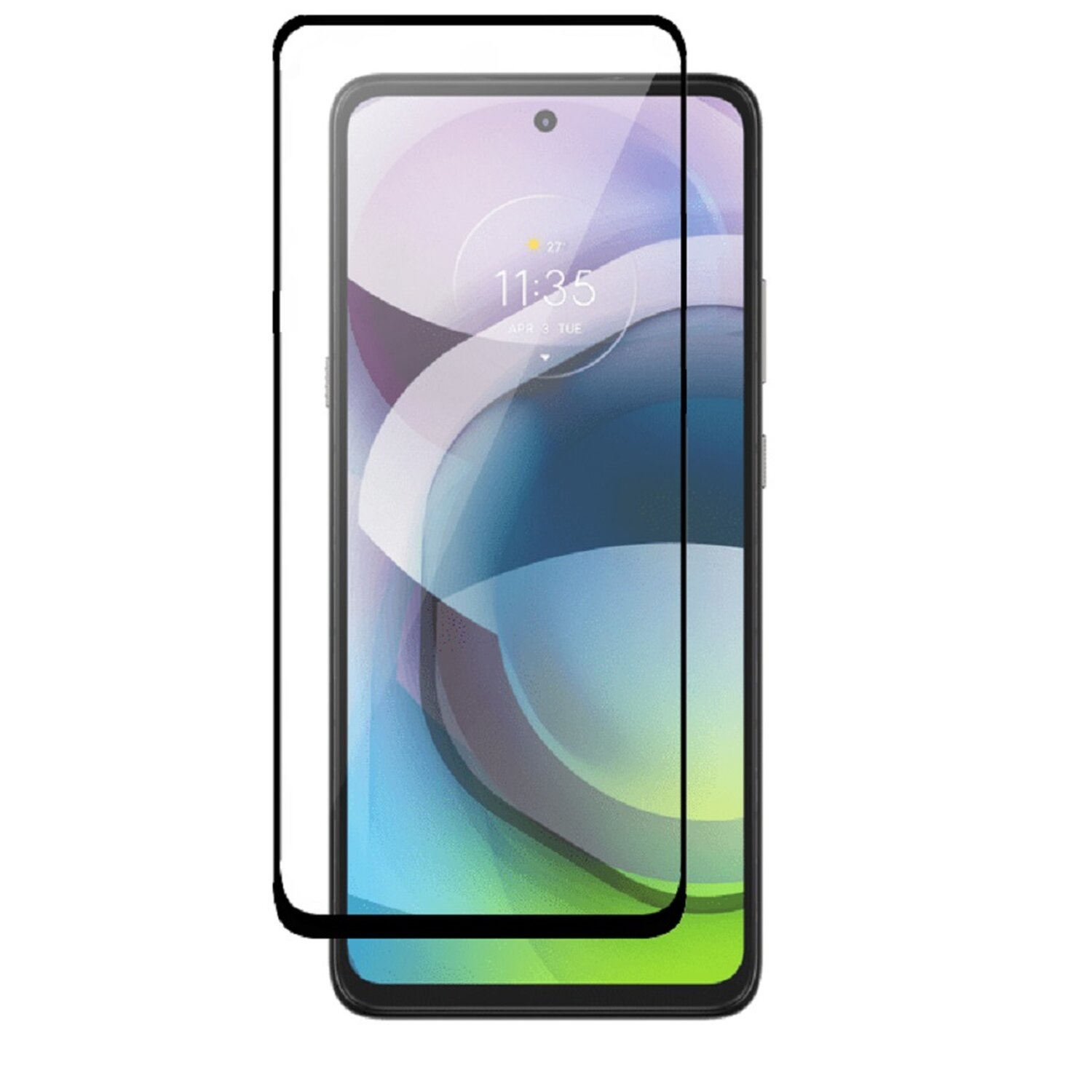 Ein Telefon mit Displayschutzfolie. Der Bildschirm zeigt ein farbenfrohes Hintergrundbild und die Uhrzeit.