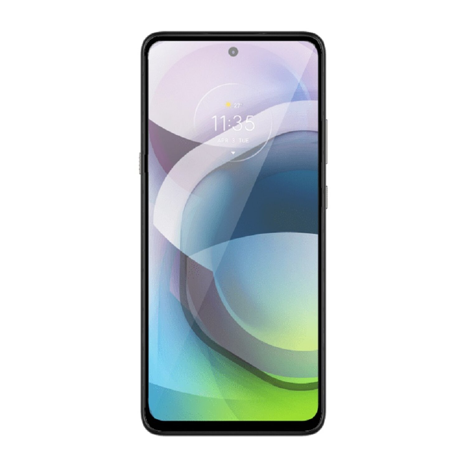 Smartphone mit Bildschirm, der ein farbenfrohes abstraktes Design und die Uhrzeit zeigt.