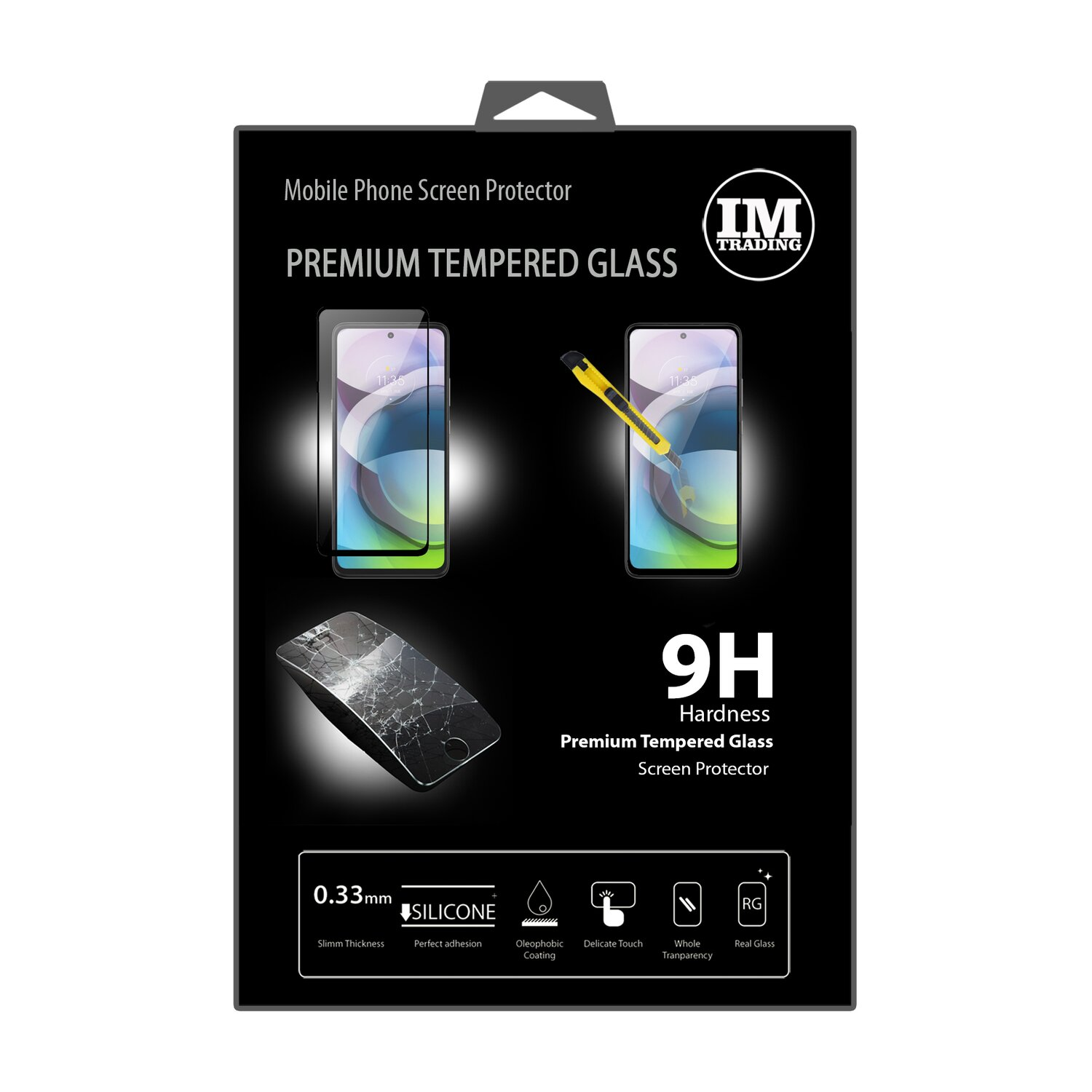 Schwarze Box mit Displayschutzfolie für das Telefon. Text: 'Premium Tempered Glass'.