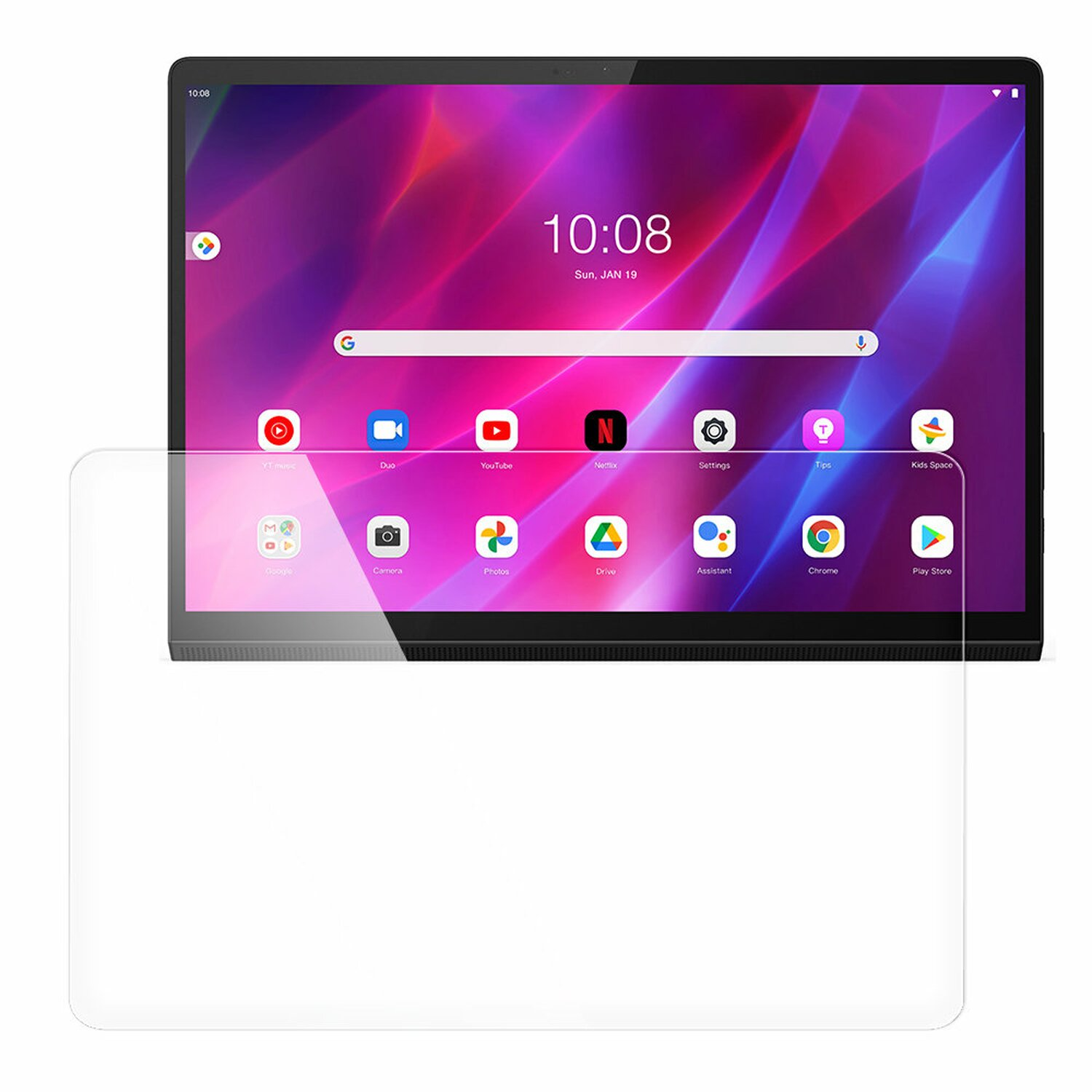 Tablet, das einen Startbildschirm mit Apps anzeigt, und eine Displayschutzfolie darunter. Weißer Hintergrund.