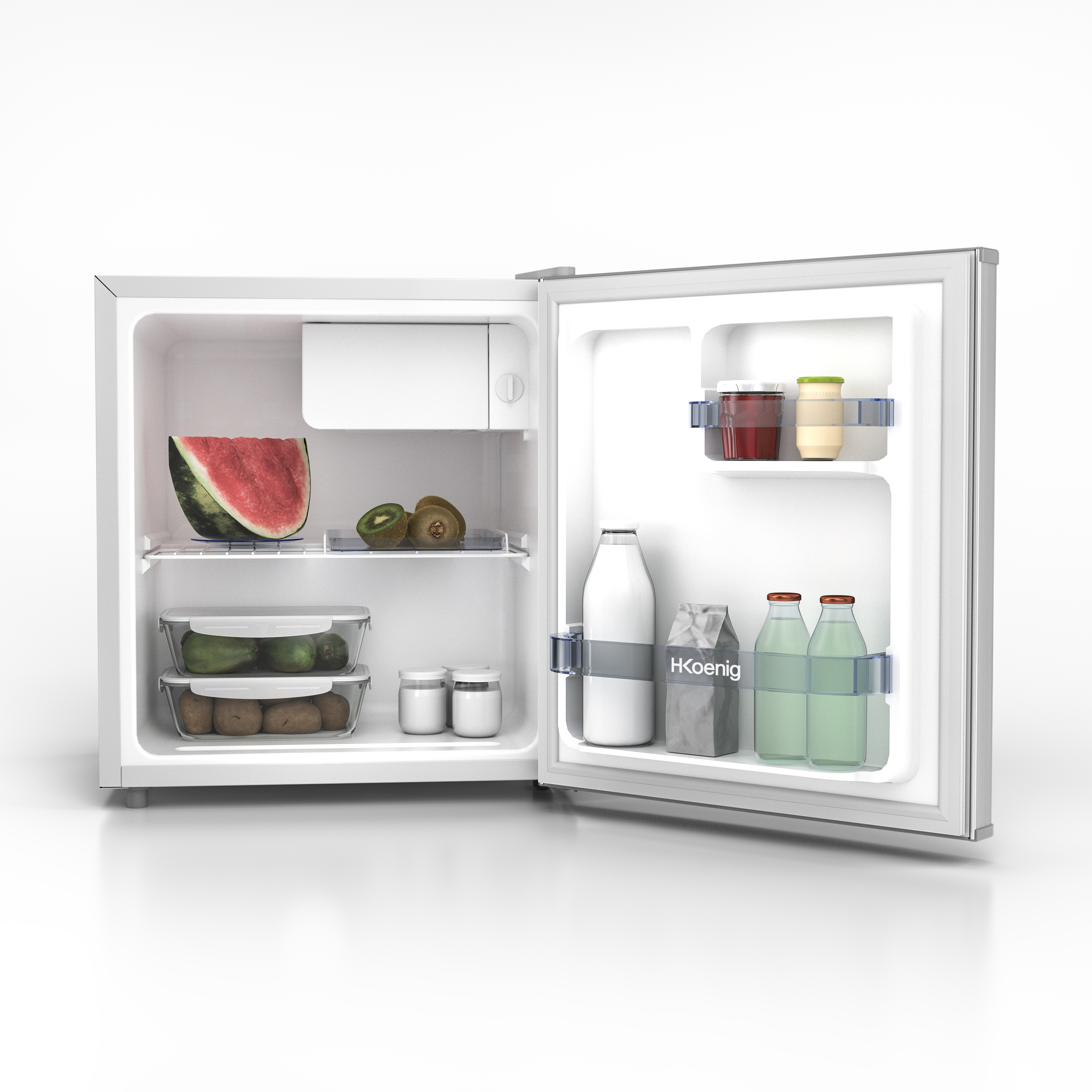 Frigorifero con porta aperta, con cibo all'interno. Esterno e interno bianchi.
