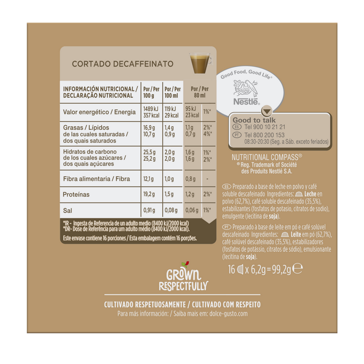 Kaffeepackung mit Nährwertangaben, Nestlé-Logo und Text 'Grown Respectfully'. Enthält Zutatenliste.