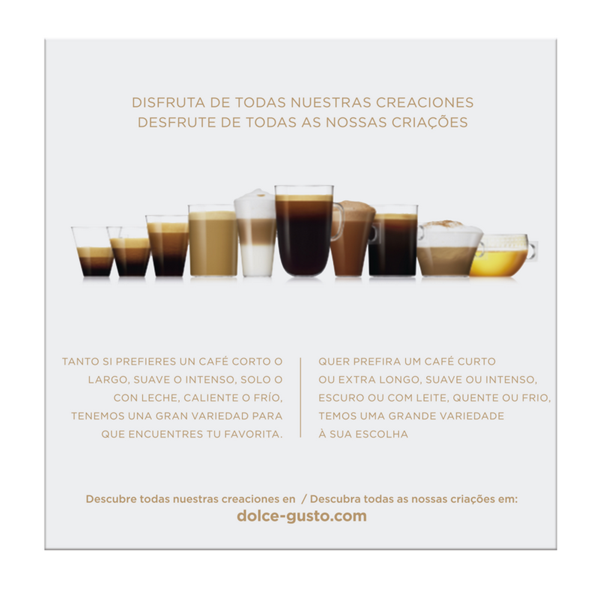 Das Bild zeigt verschiedene Kaffeesorten in Gläsern. Text auf Spanisch und Portugiesisch bewirbt Kaffee. Dolce-gusto.com ist sichtbar.