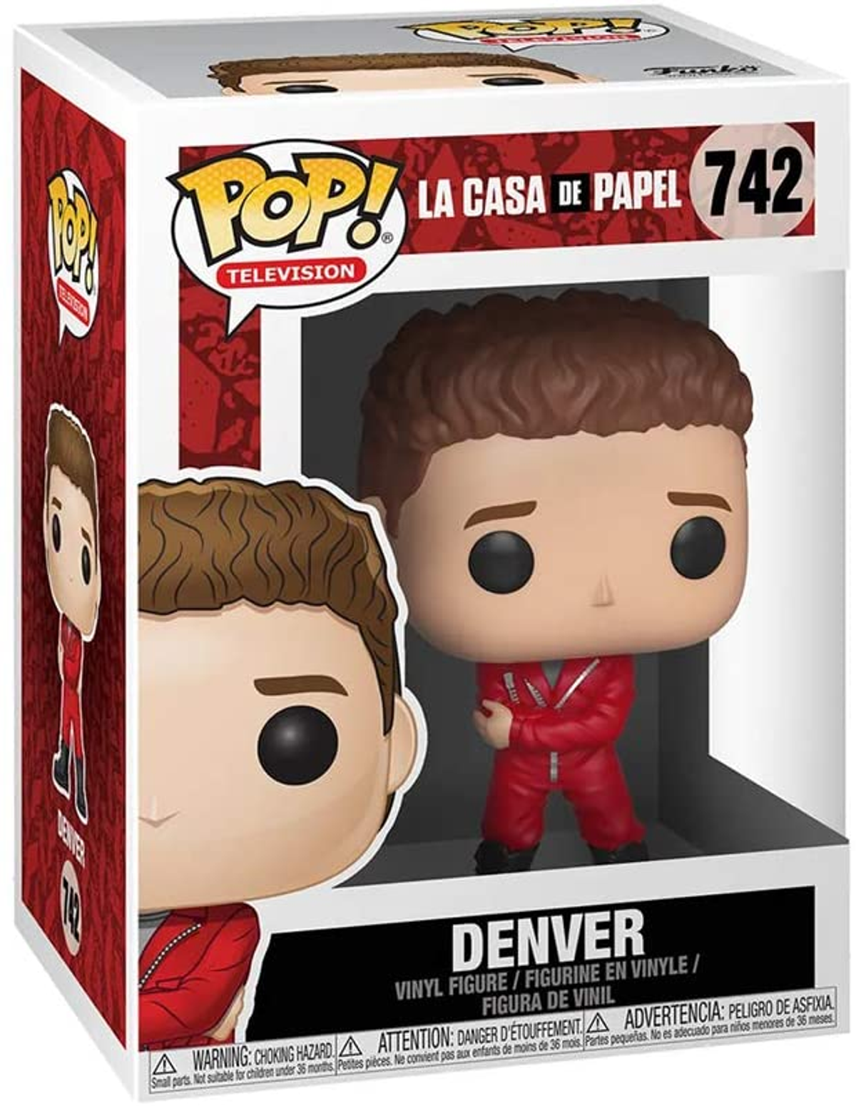 Figura de Denver Funko Pop en caja. La figura lleva un mono rojo. La caja tiene gráficos rojos.