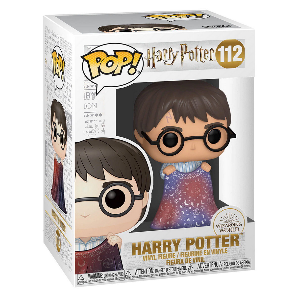 Harry Potter Funko Pop Figur in einer Box. Die Figur zeigt Harry Potter mit Brille und Schal.