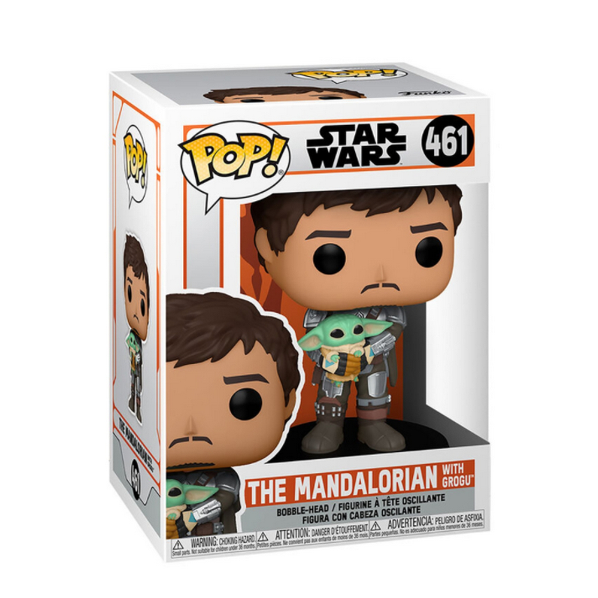 La figura Funko Pop di The Mandalorian con Grogu in una scatola.