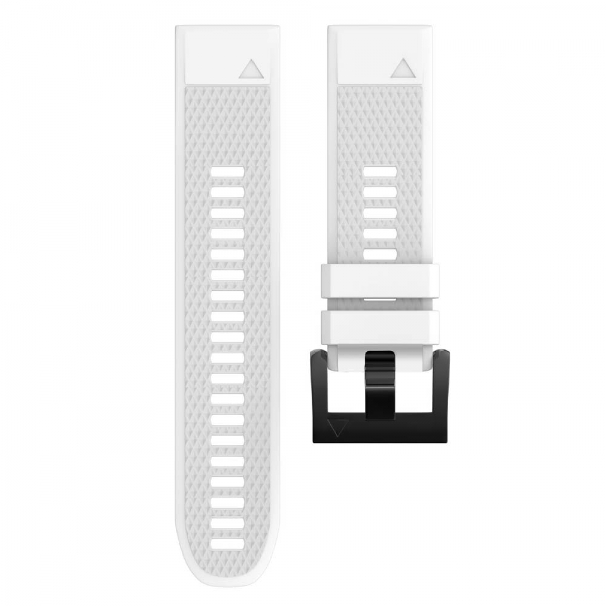 Zwei weiße Uhrenarmbänder, eines mit Schnalle, weißer Hintergrund.