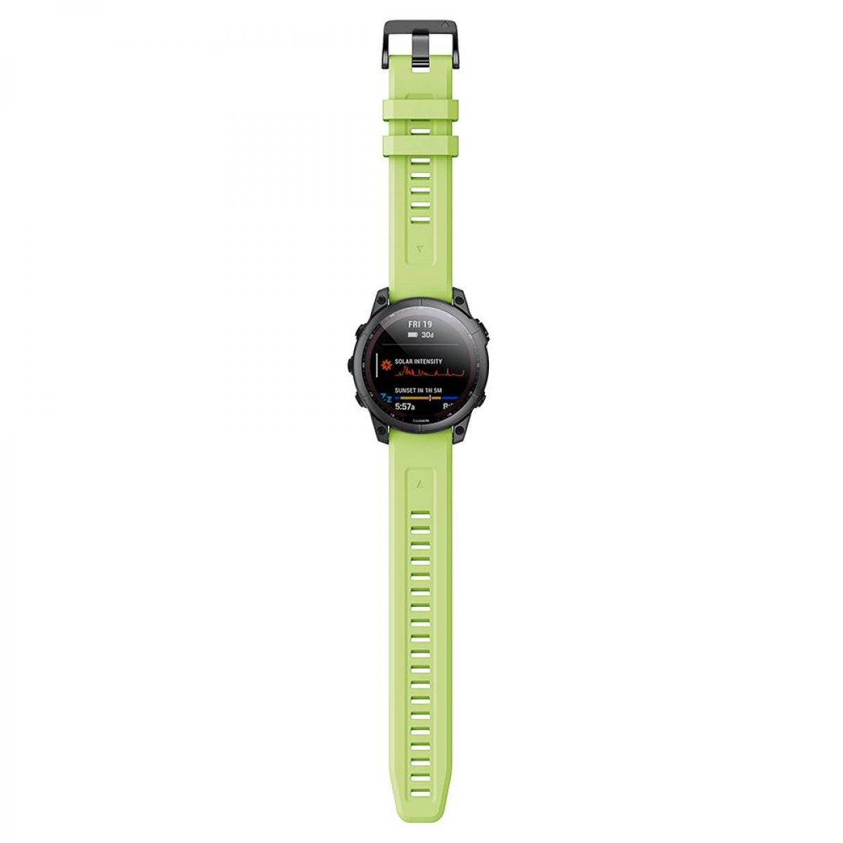 Eine grüne Smartwatch mit schwarzem Zifferblatt, Metriken und grünem Armband, isoliert.