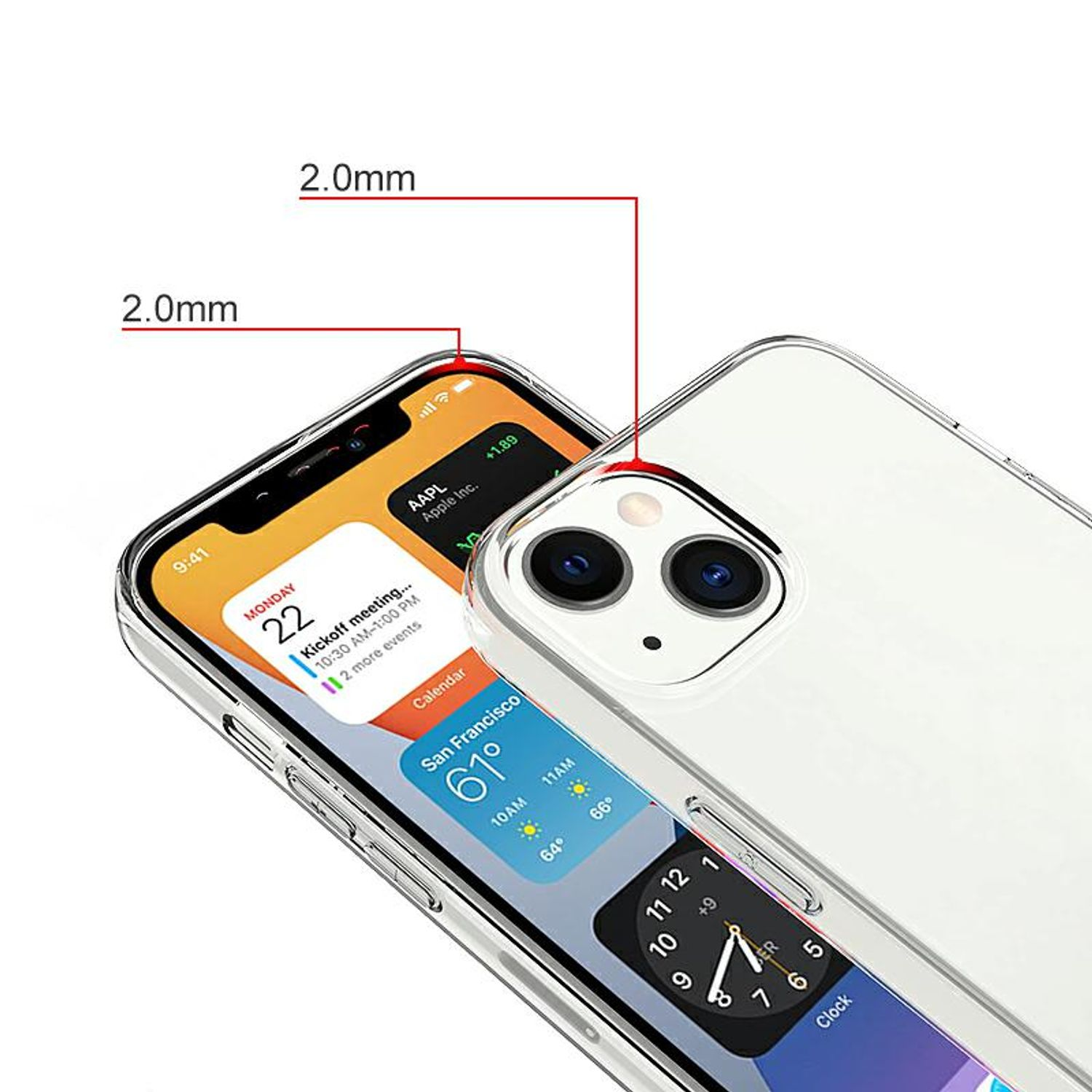 Eine klare Handyhülle auf einem Telefon, die den Bildschirm und die Abmessungen der Hülle zeigt.