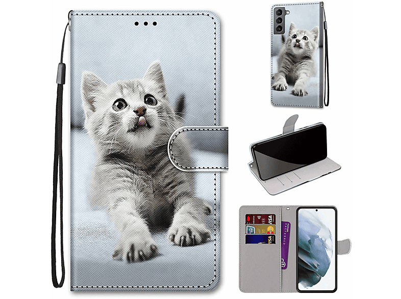 KÖNIG DESIGN Book Case, Bookcover, Samsung, Galaxy S22 5G, Kleine graue Katze