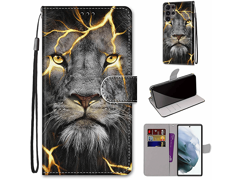 DESIGN Case, Bookcover, Galaxy KÖNIG 5G, Ultra Book Samsung, Spaltlöwe S22