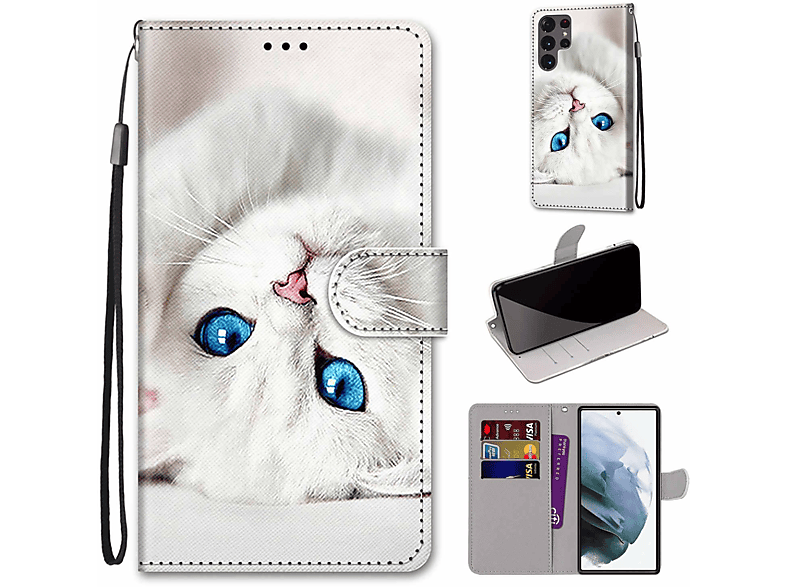 KÖNIG DESIGN Book Case, Bookcover, Samsung, Galaxy S22 Ultra 5G, Weißes Kätzchen