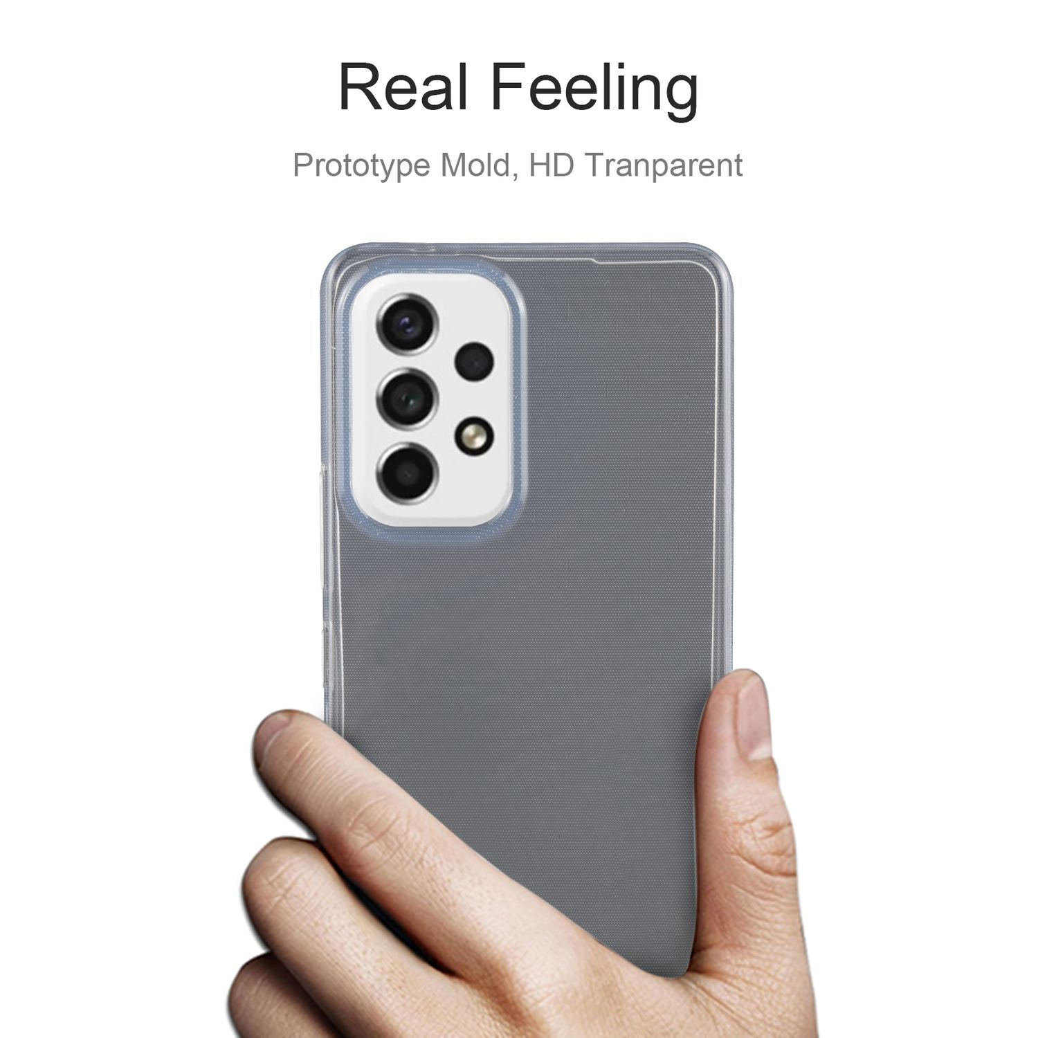 Eine klare Handyhülle über einem Telefon, gehalten von einer Hand. Der Koffer ist transparent.