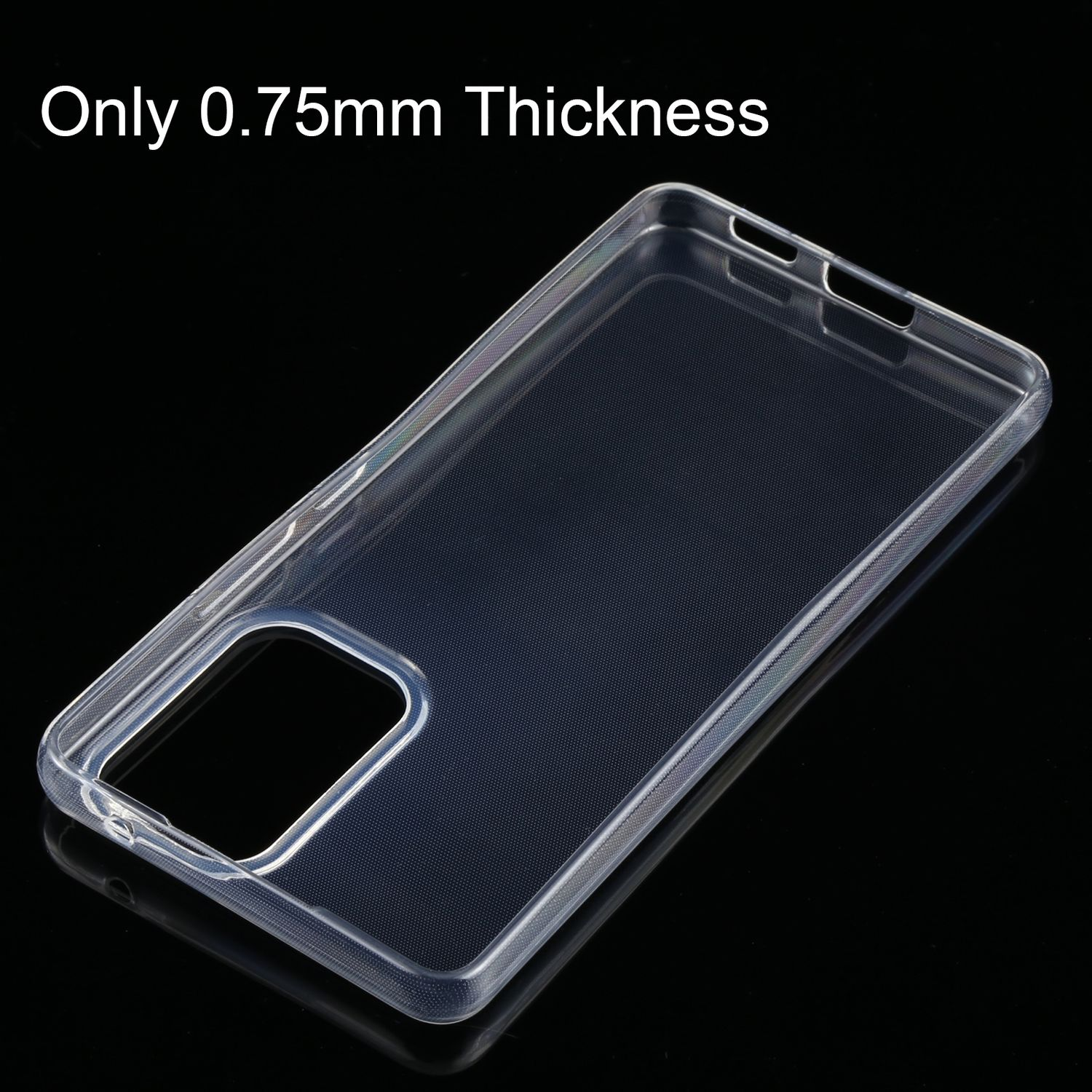 Transparente Handyhülle. Die Hülle ist transparent und das Telefon ist sichtbar. Text: Nur 0,75 mm Dicke.