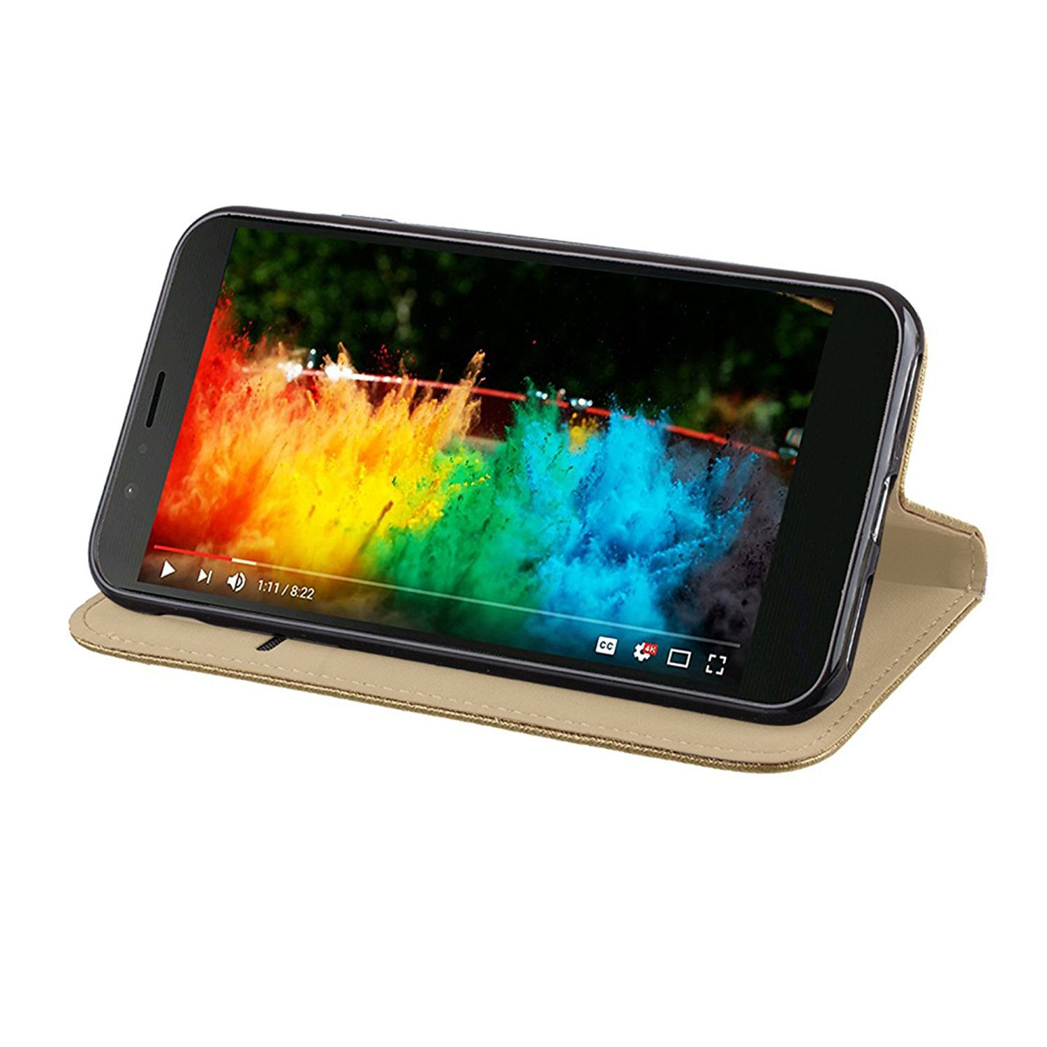Ein Smartphone in einer Hülle, das ein farbenfrohes Video zeigt, auf einem Tisch liegend.