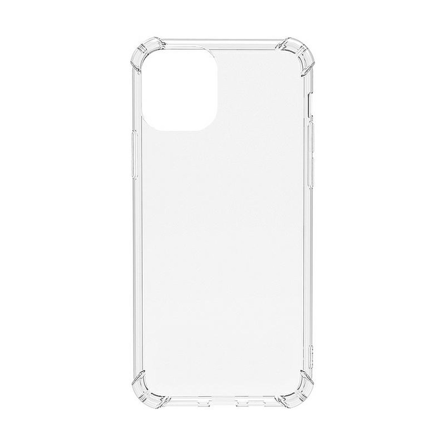 Eine transparente Handyhülle auf weißem Hintergrund. Die Hülle ist transparent mit definierten Kanten und Kameraausschnitt.