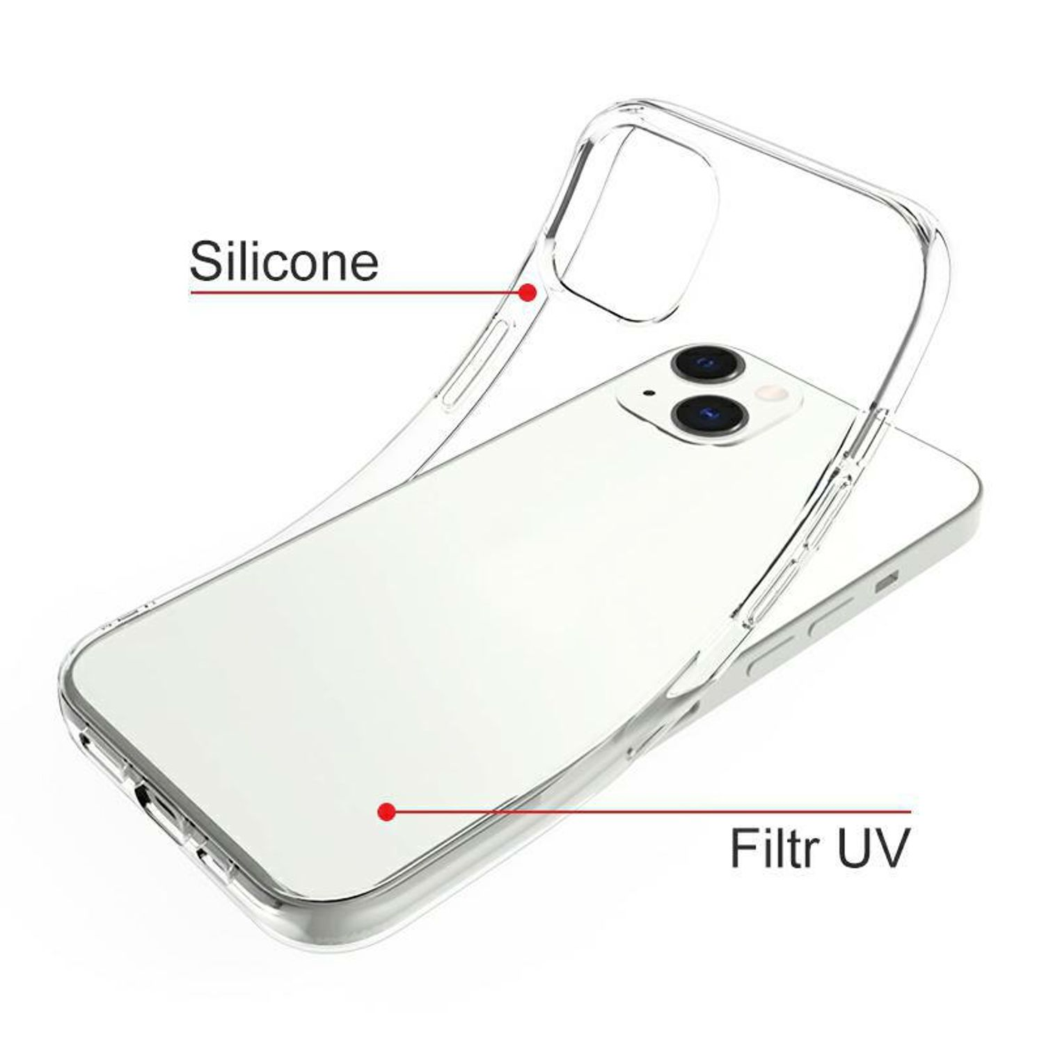 Transparente Handyhülle mit den Wörtern Silicone und Filtr UV. Weißes Telefon und Hintergrund.