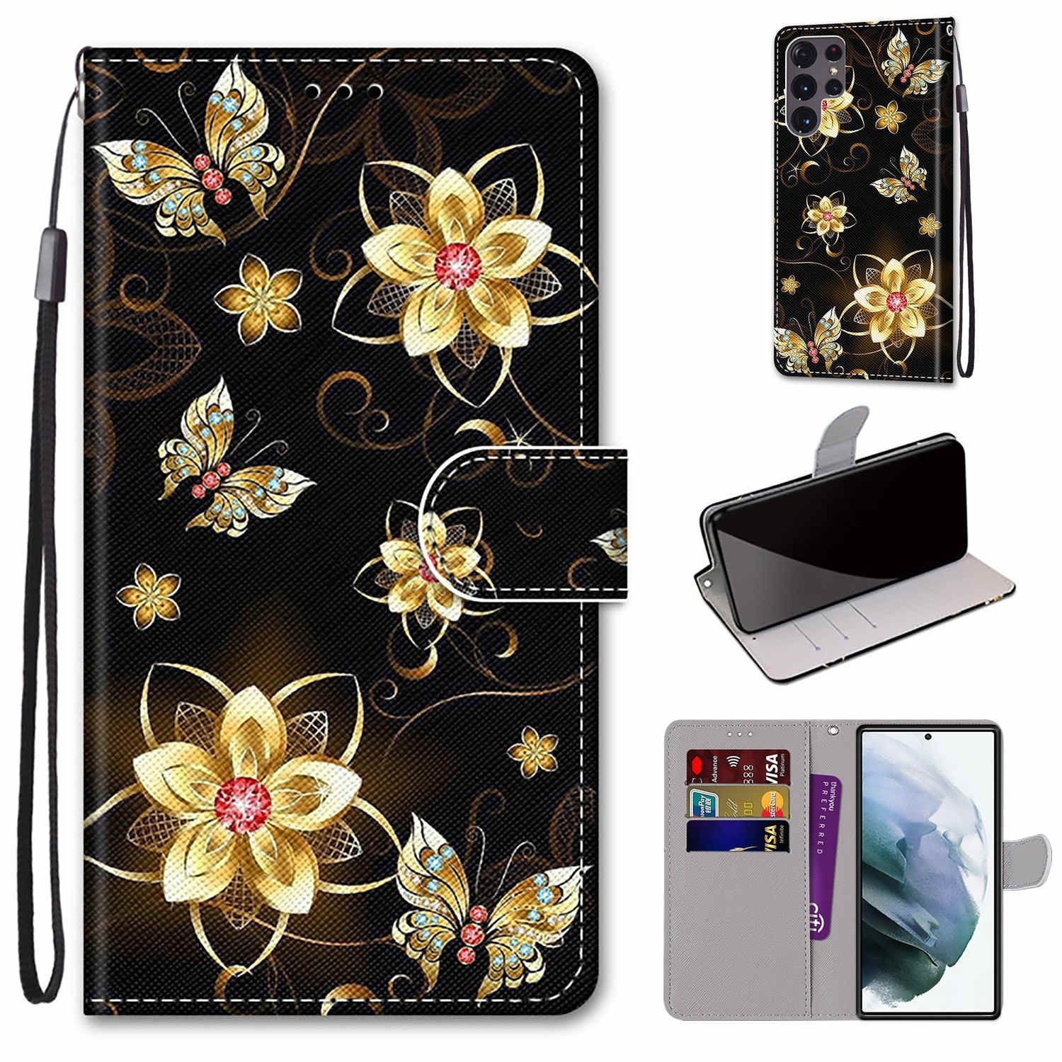 KÖNIG DESIGN Book Case, Bookcover, Samsung, Schmetterling S22 5G, Galaxy Golddiamant Ultra