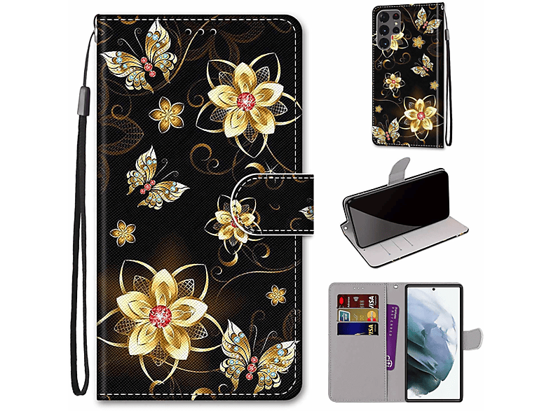 KÖNIG DESIGN Book Case, Bookcover, Galaxy S22 Ultra Samsung, Schmetterling Golddiamant 5G
