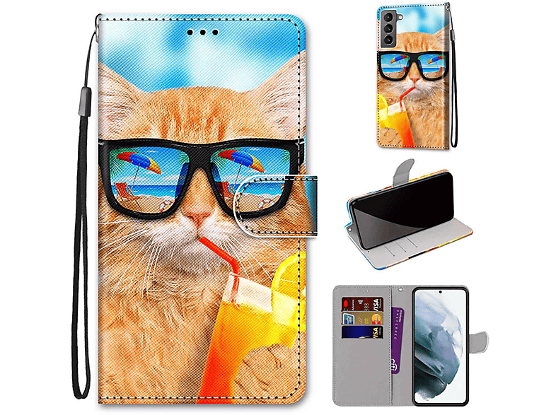 KÖNIG DESIGN Book Case, Bookcover, Samsung, Galaxy S22 5G, Katze trinkt Soda