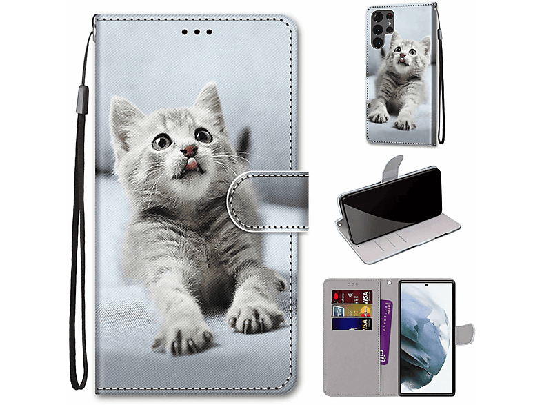 KÖNIG DESIGN Book Case, Bookcover, Samsung, Galaxy S22 Ultra 5G, Kleine graue Katze | Bookcover