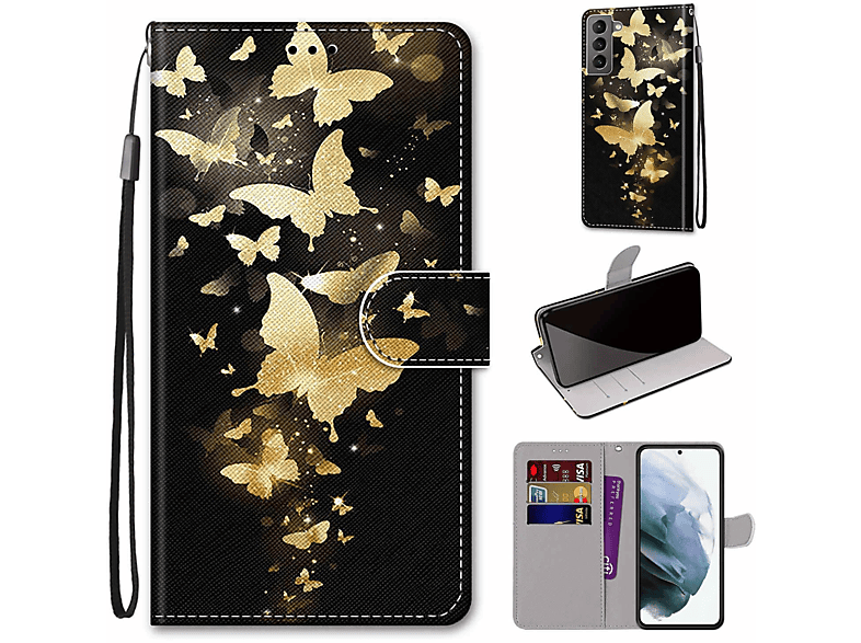 S22 Samsung, KÖNIG Case, Galaxy Book 5G, Schmetterlingsgruppe Bookcover, DESIGN Goldene