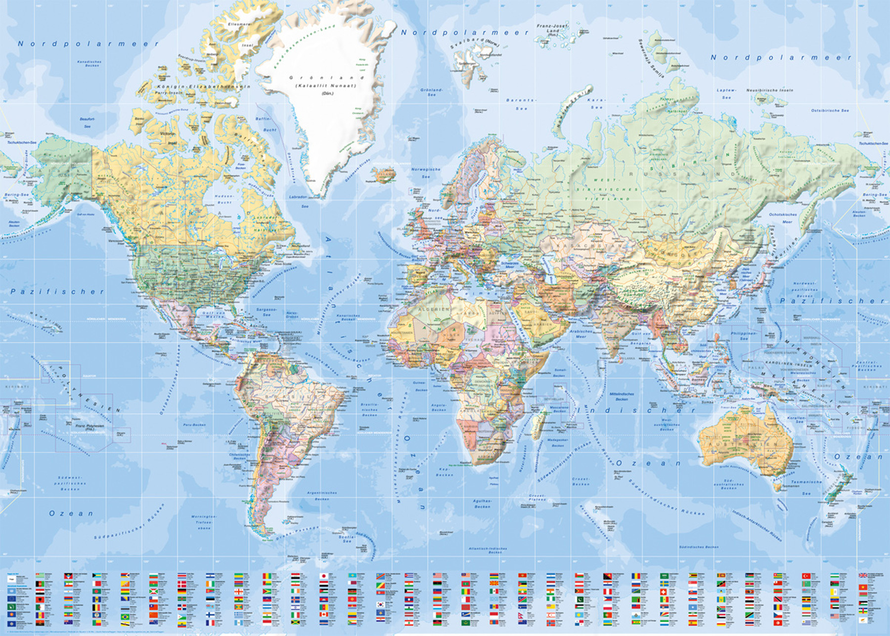 Weltkarte Flaggen deutsch mit Landkarten -