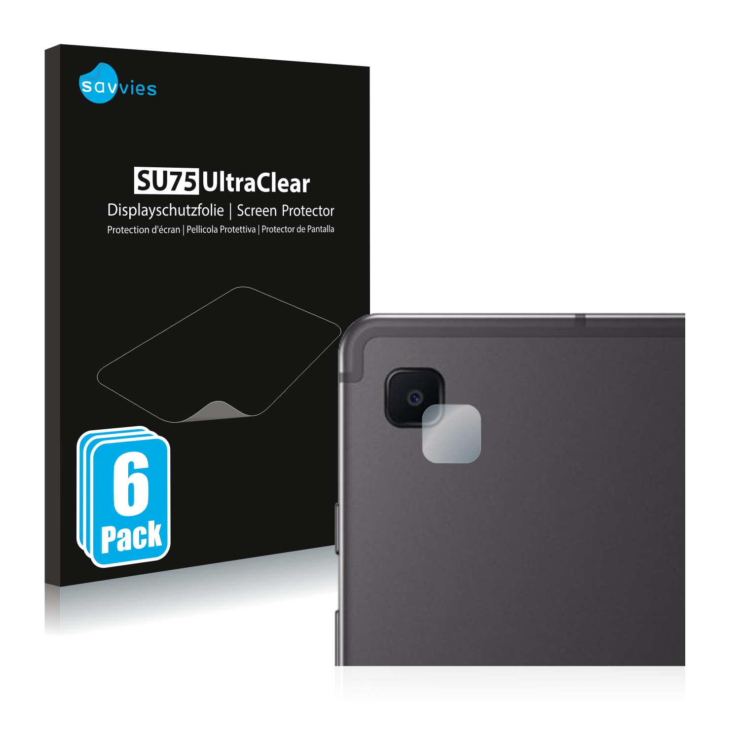 Displayschutzbox mit 6 Schutzfolien und Tablet, Sicherheitstext.