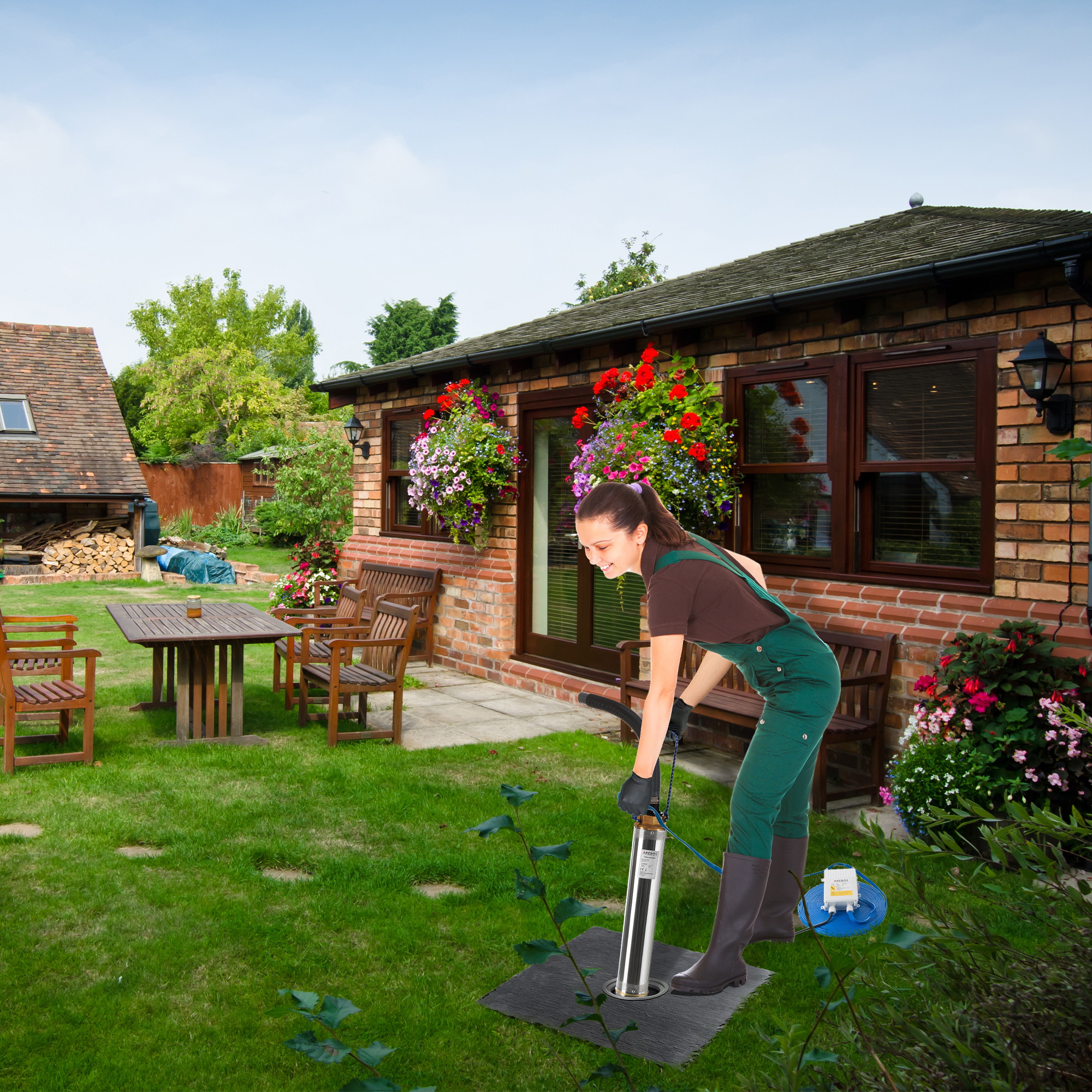 Eine Frau benutzt eine Pumpe in einem Garten in der Nähe eines Hauses mit Blumen.