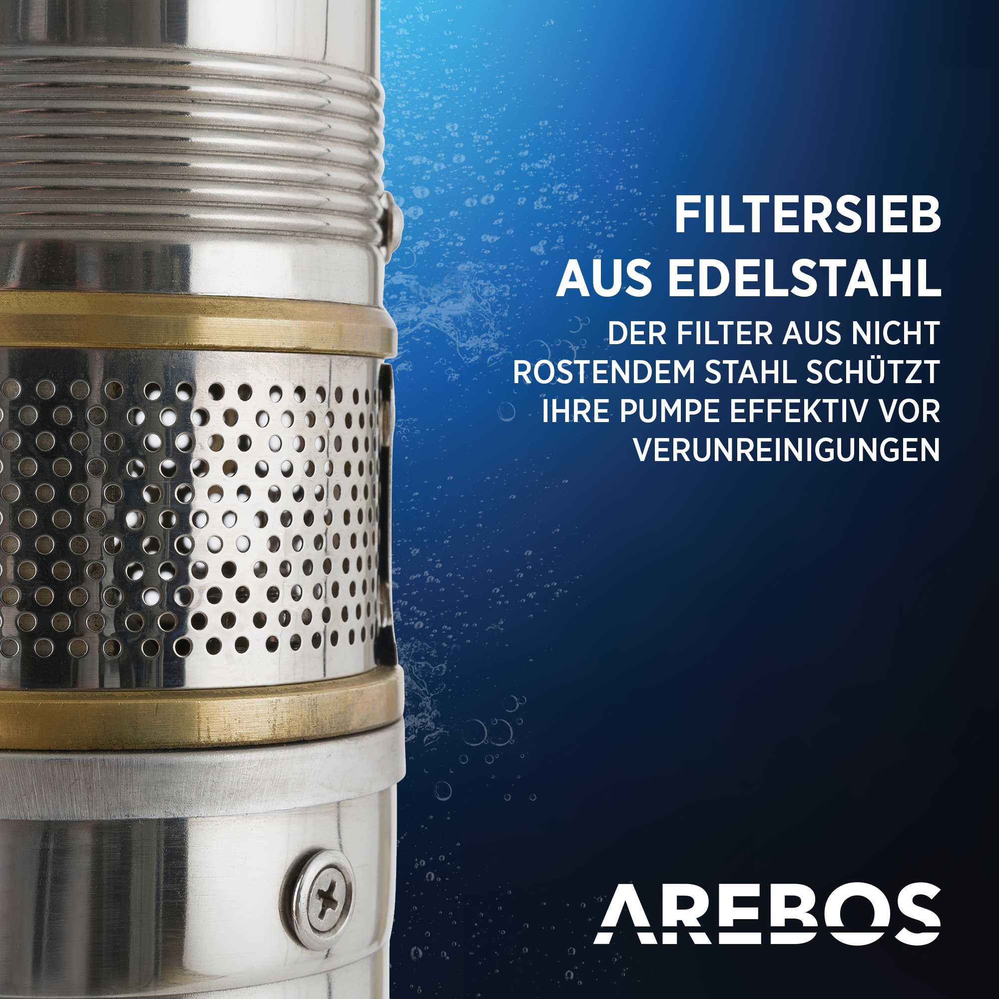 Ein Metallfilter mit Textüberlagerung. Der Text beschreibt die Eigenschaften des Filters.