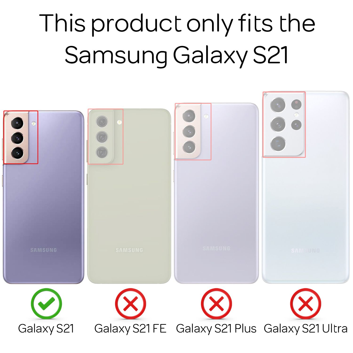 Vier Samsung Galaxy S21 Handys, nur S21 kompatibel. Andere Modelle mit rotem X.