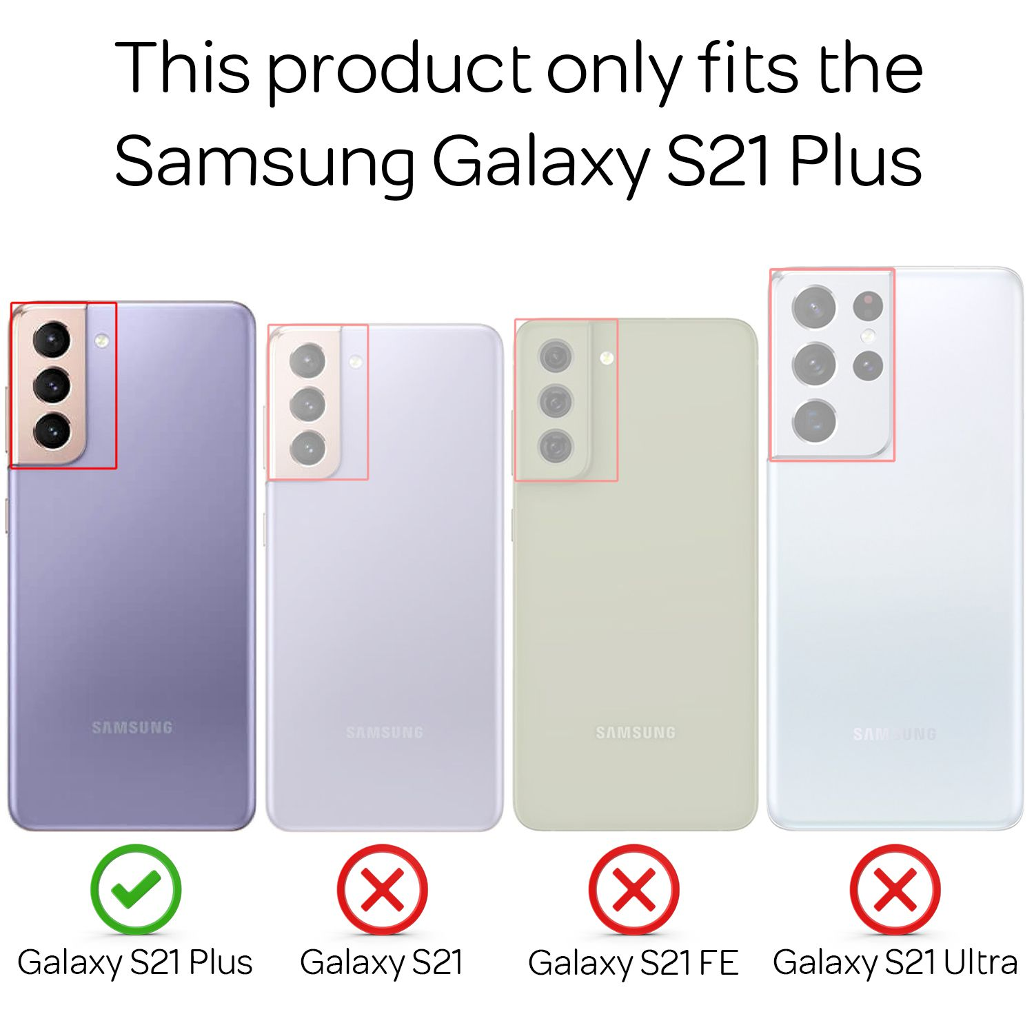 Das Bild zeigt Telefone. Nur das Samsung Galaxy S21 Plus ist mit diesem Produkt kompatibel.