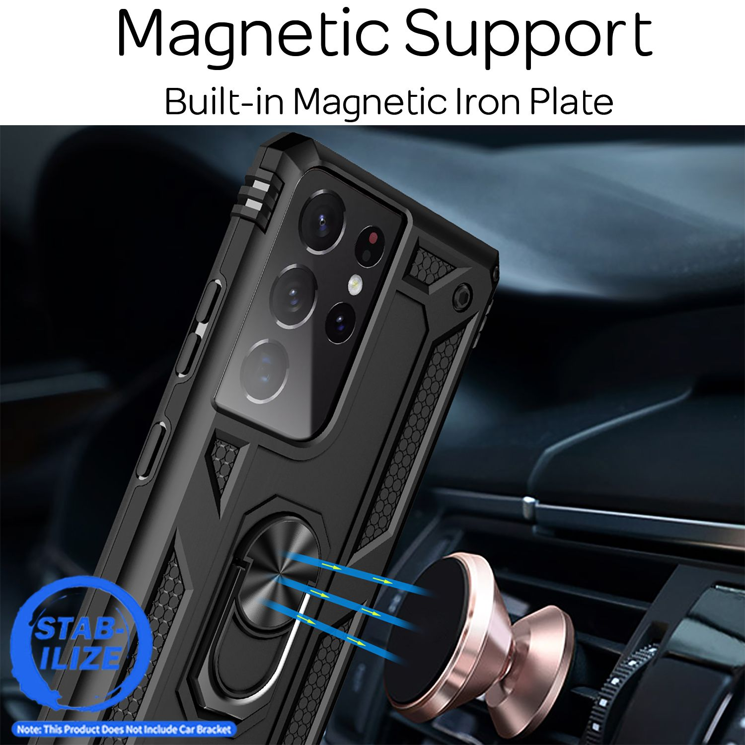 Custodia per telefono nera con testo: Supporto magnetico, piastra in ferro magnetico integrata. Un telefono è in un supporto per auto.