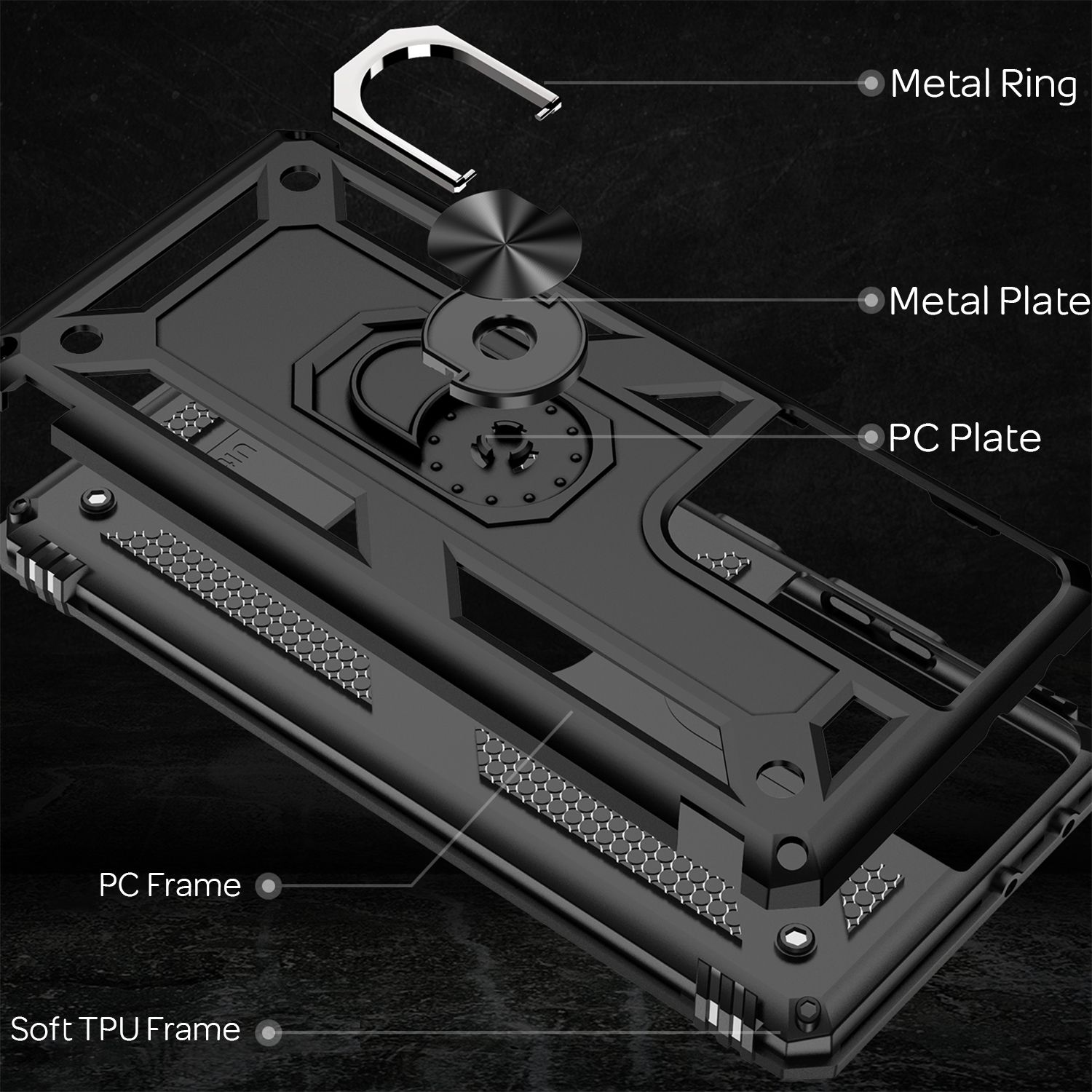 Componenti di custodia nera per telefono, inclusi anello e piastra in metallo, telaio PC.