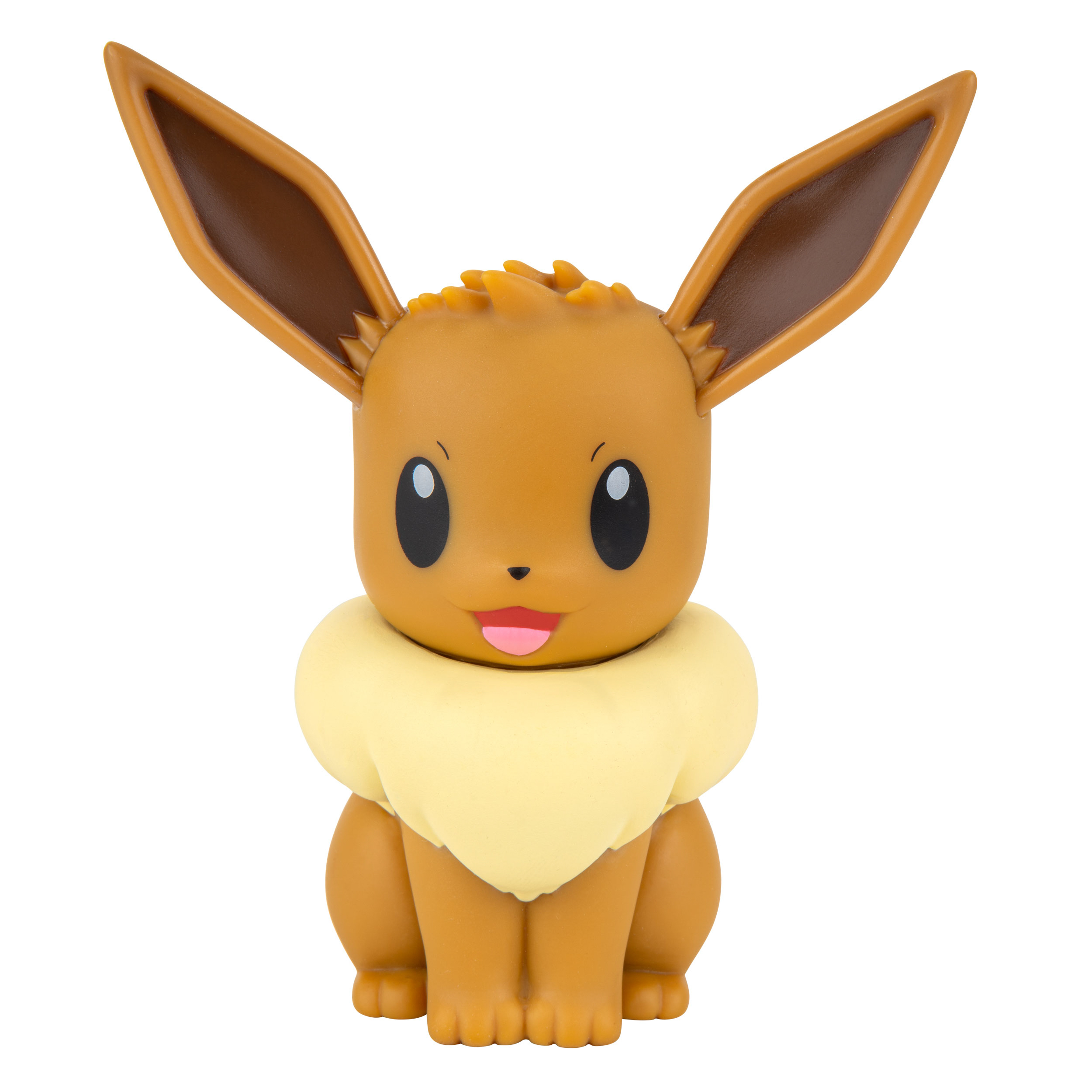 Eevee Pokemon Figur mit großen Ohren, gelbem Halsflaum und einer rosa Zunge.