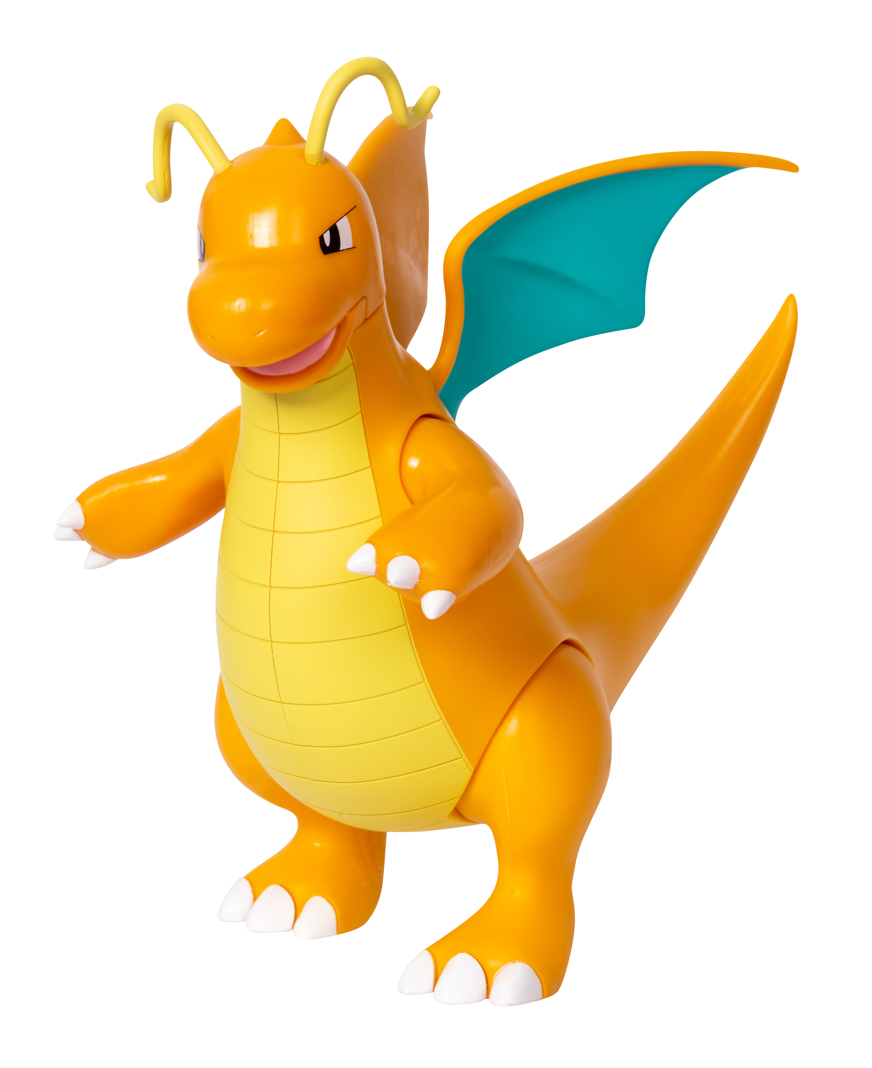 Orangener Dragonite Spielzeug mit blauen Flügeln, vor weißem Hintergrund.