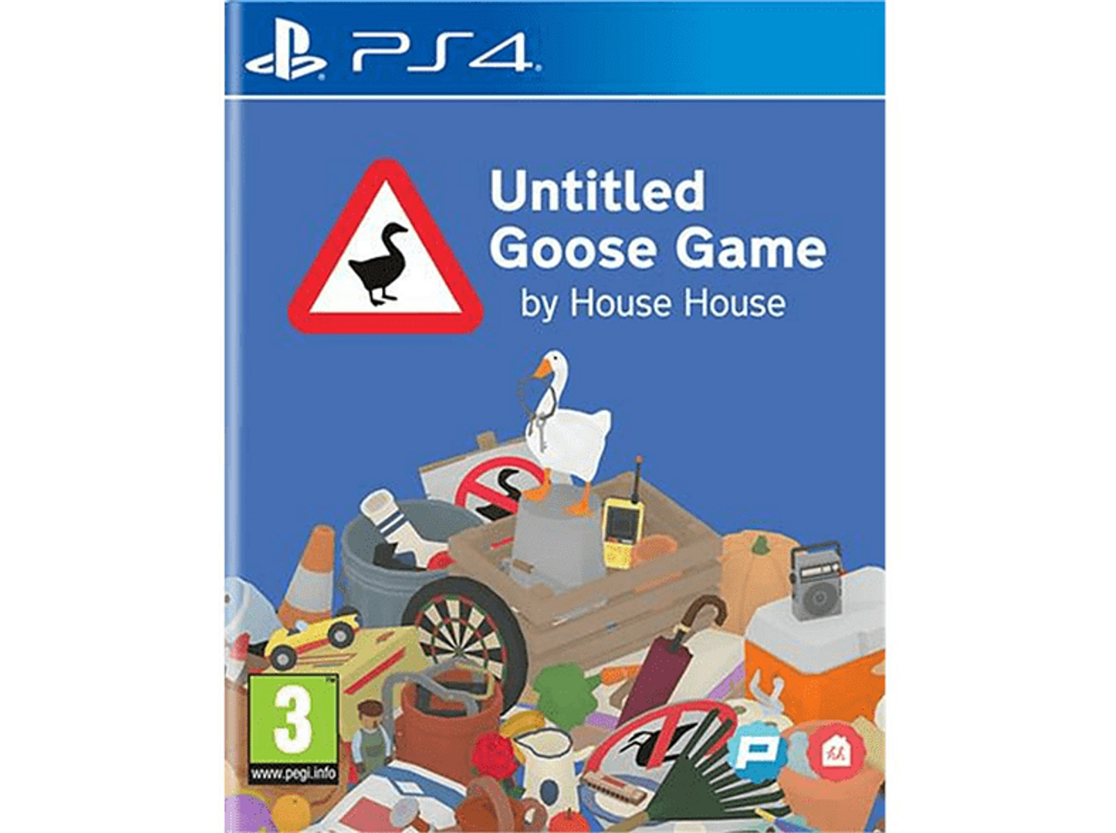 Copertina del gioco 'Untitled Goose Game' con un'oca, un cartello e altri oggetti.