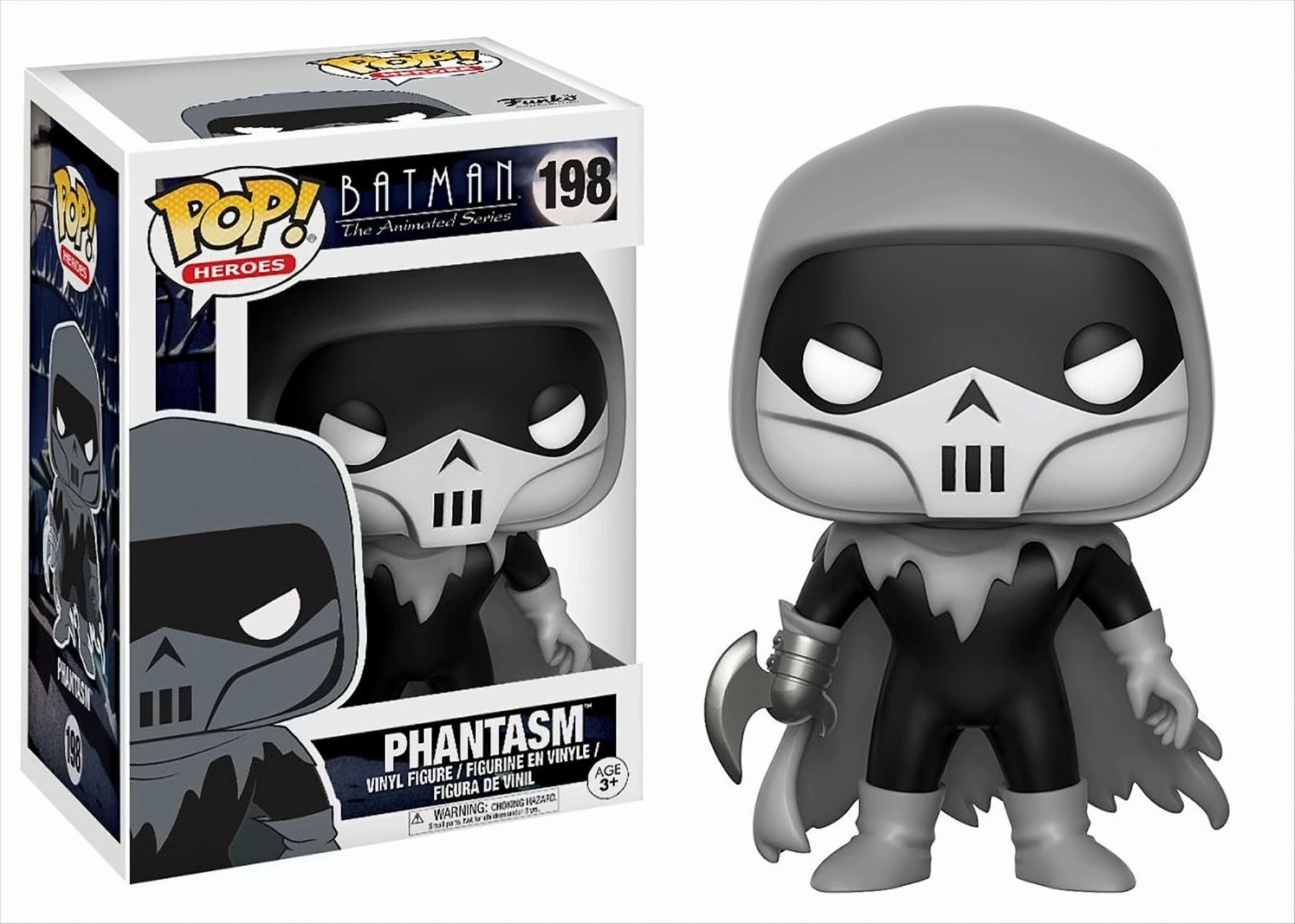 Eine Phantom-Figur aus der Batman-Zeichentrickserie, mit einer Box links.