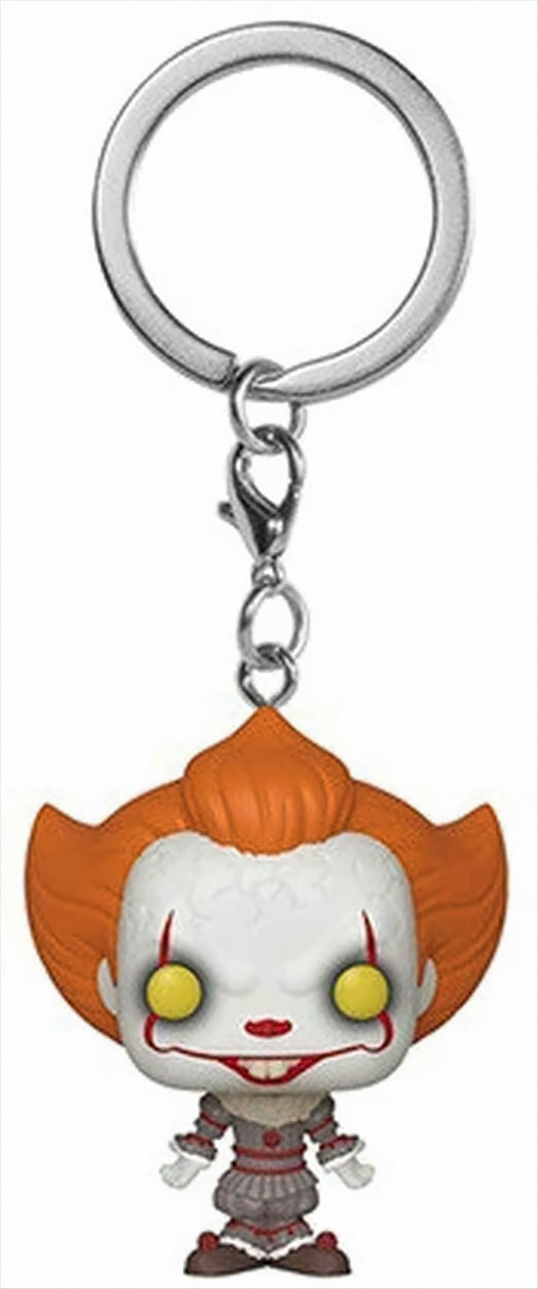 Ein Pennywise-Schlüsselanhänger. Er hat orangefarbene Haare, ein weißes Gesicht und gelbe Augen, mit einem silbernen Schlüsselanhänger.