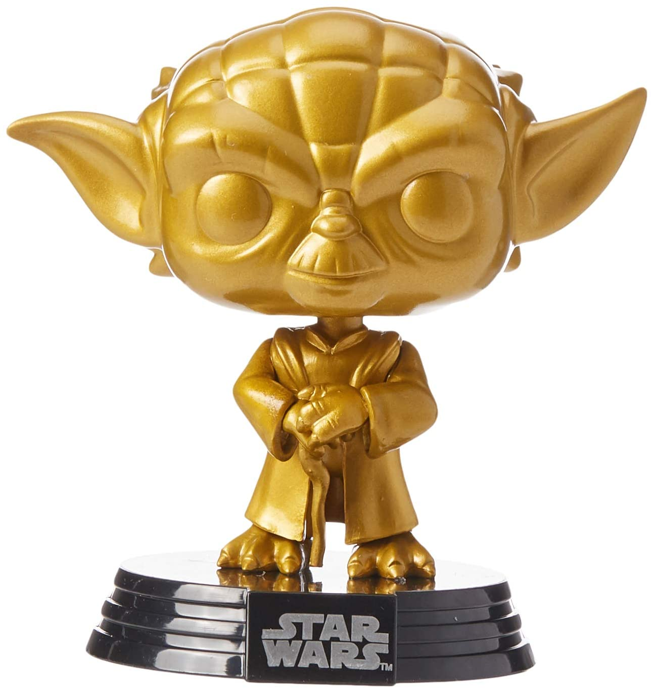 Eine goldene Yoda-Figur auf schwarzem Sockel mit Star Wars-Logo.