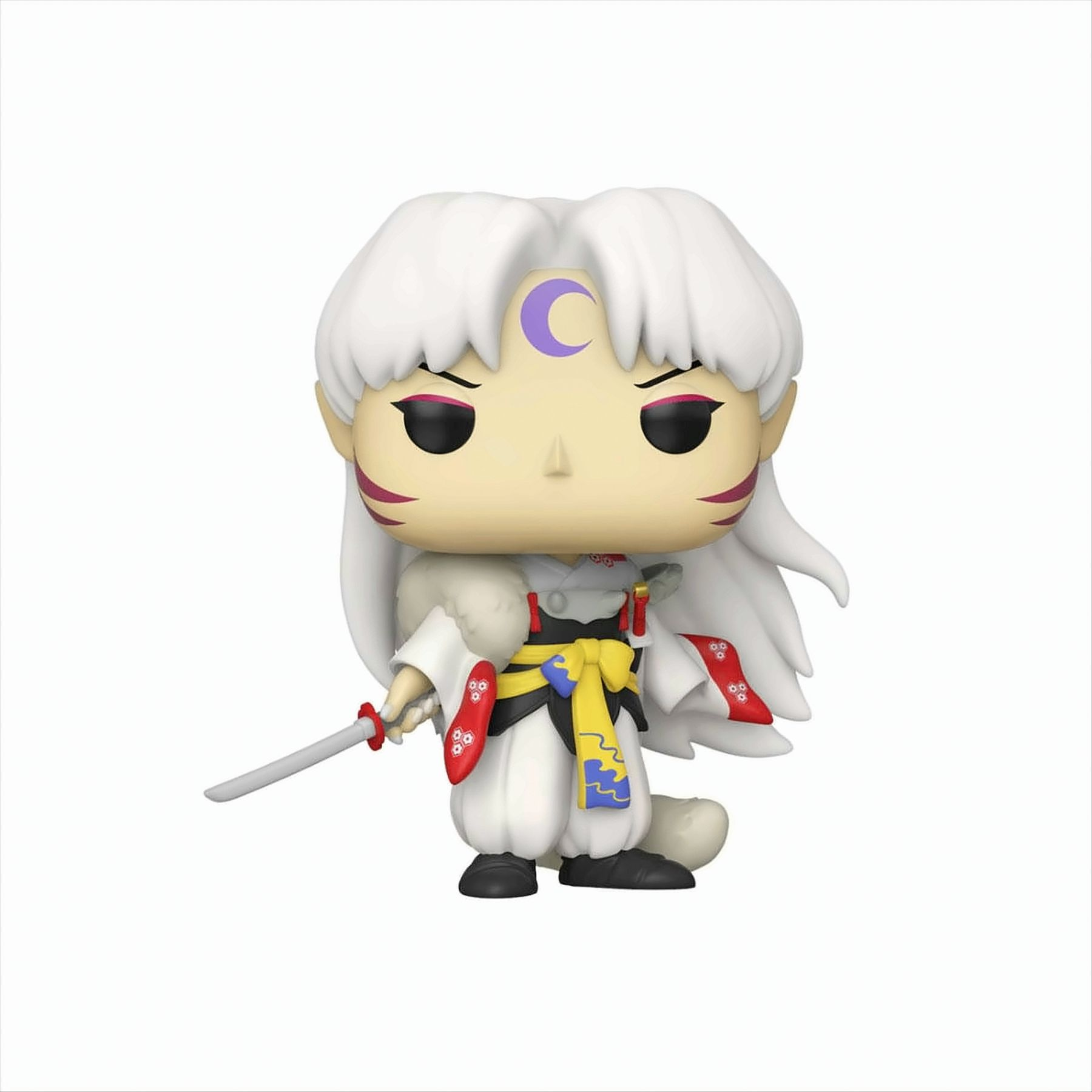 Figurka Funko Pop Sesshomaru z Inuyashy. Białe włosy, fioletowy półksiężyc i miecz.