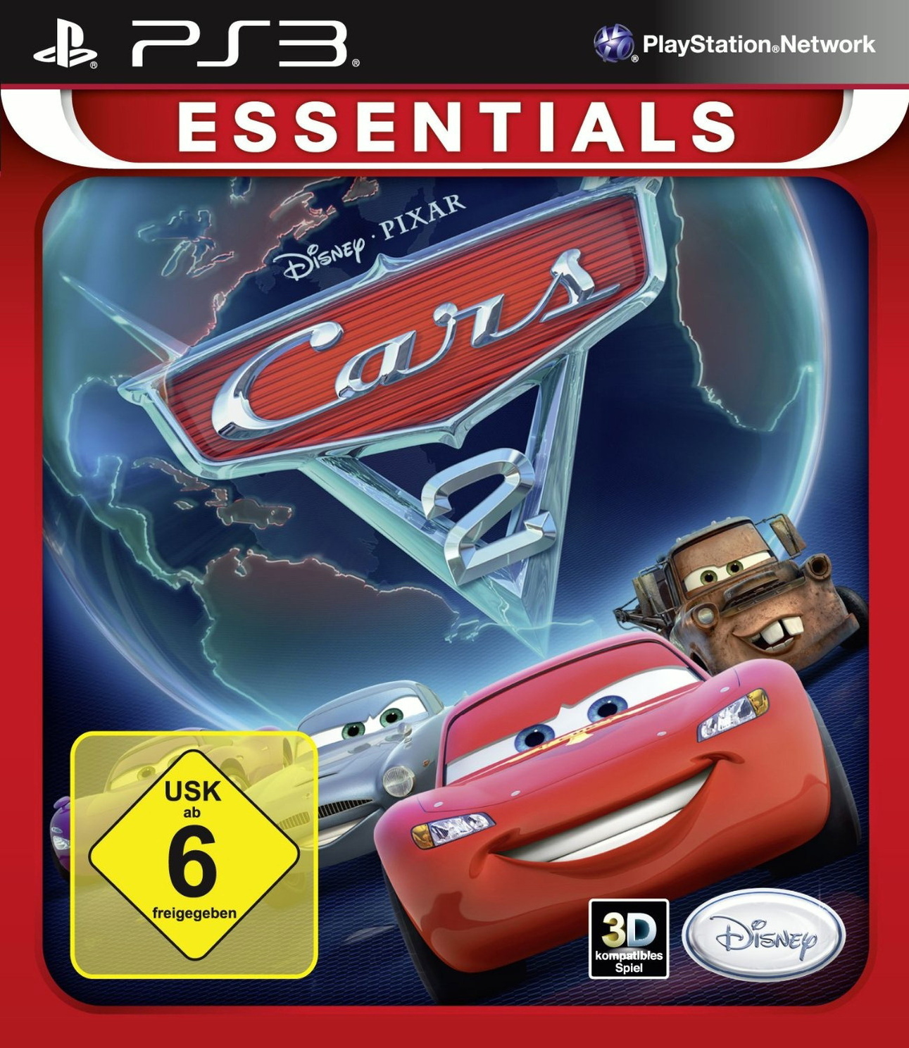 Cars 2 DVD-Cover mit animierten Autos und Weltkarten-Hintergrund.