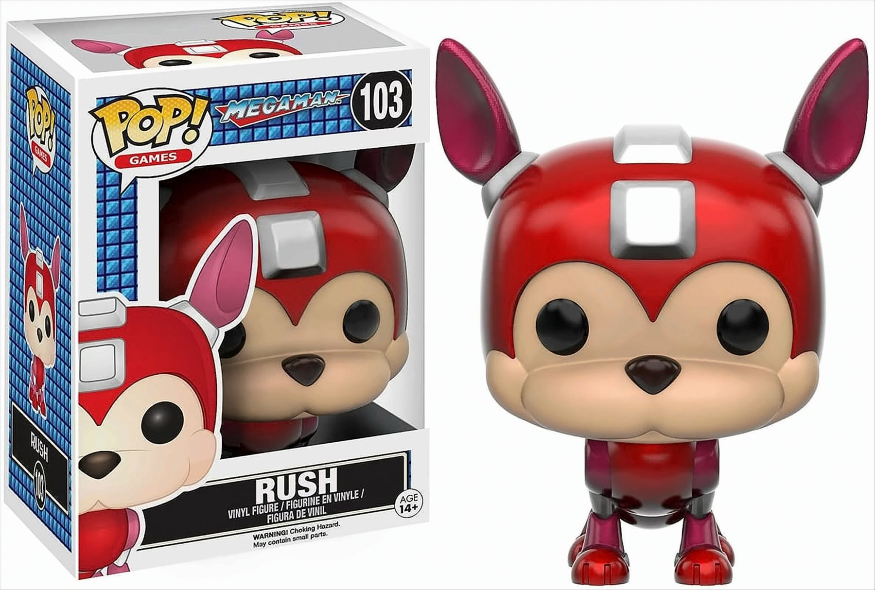 Figura Rush Mega Man Funko Pop nella scatola. Robot rosso a forma di cane con dettagli bianchi e orecchie.