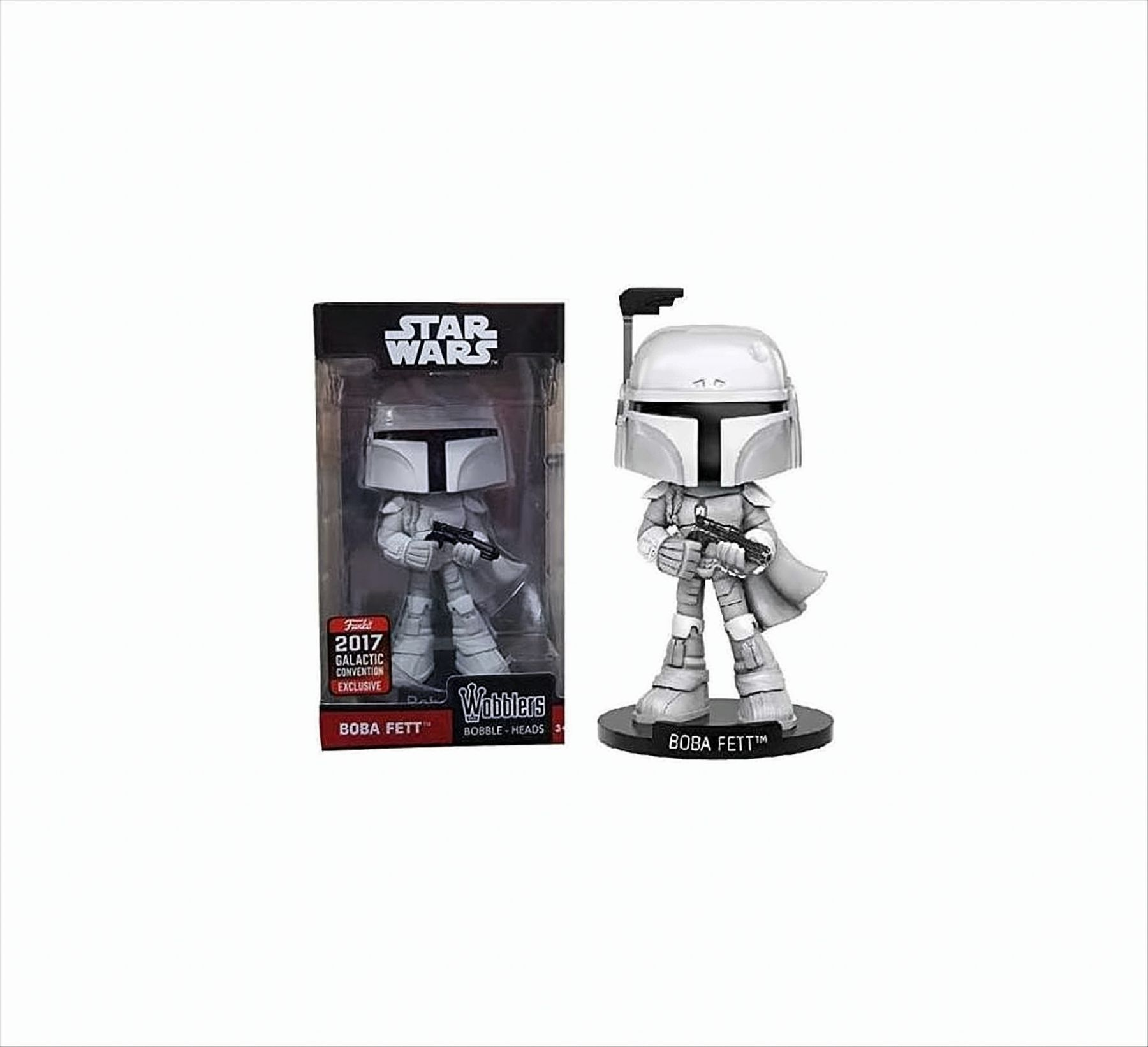Eine Boba Fett-Figur in ihrer Box und eine weitere, die steht, beide in Schwarzweiß.