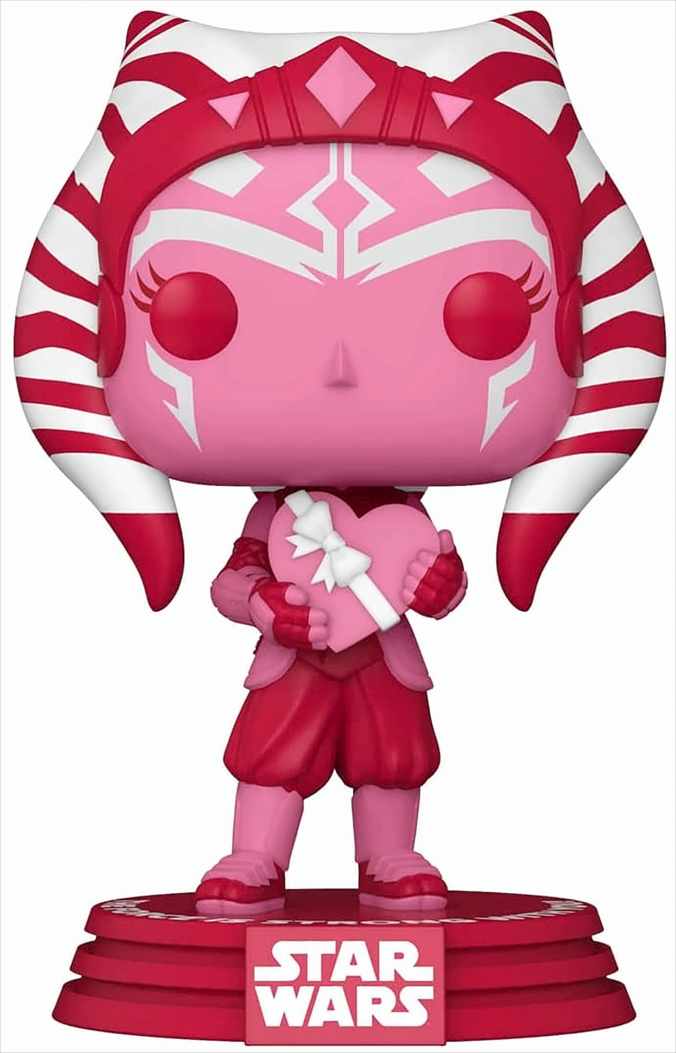 Funko Pop Figur einer rosa Star Wars Figur, die eine herzförmige Schachtel hält. Die Basis hat das Star Wars Logo.