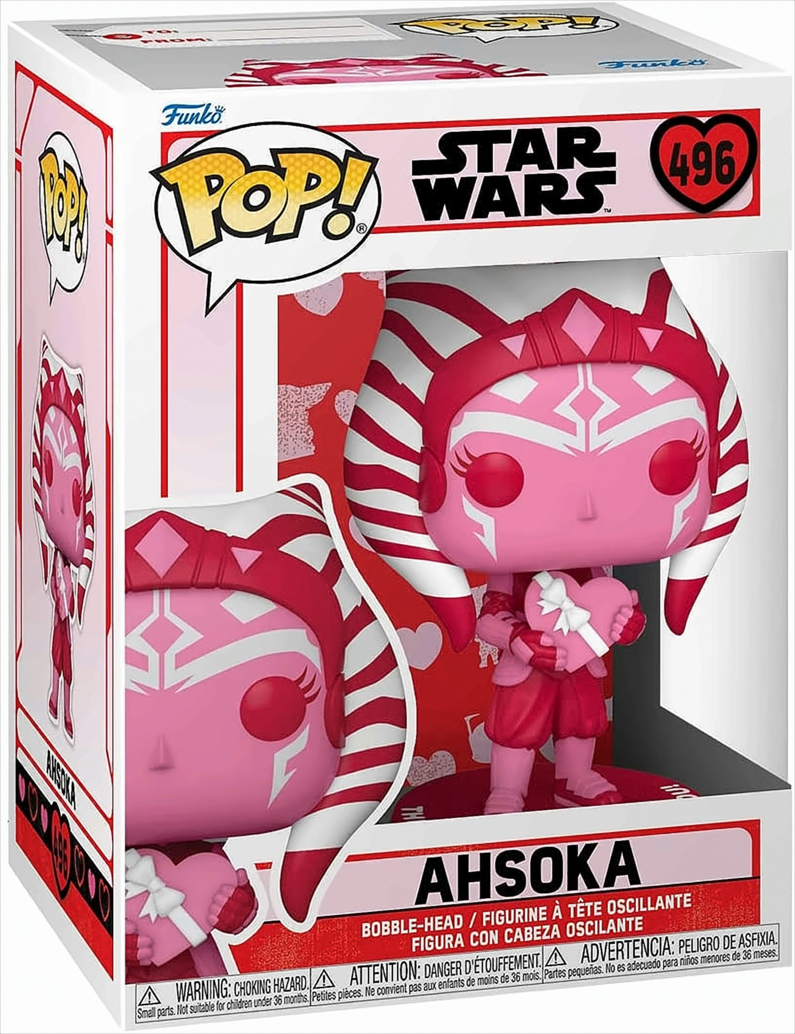 Ahsoka Funko Pop Figur in einer Box, hält ein Herz, mit Star Wars Branding.
