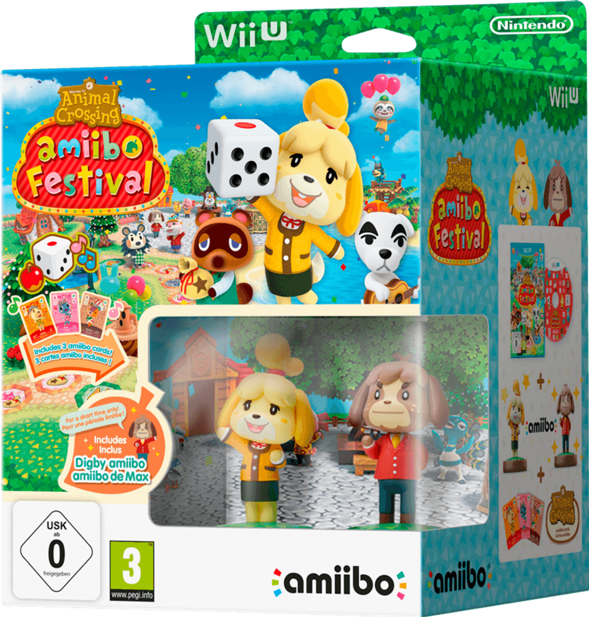 Pudełko Animal Crossing Amiibo Festival z postaciami z gry. Widoczne kości, karty i figurki.