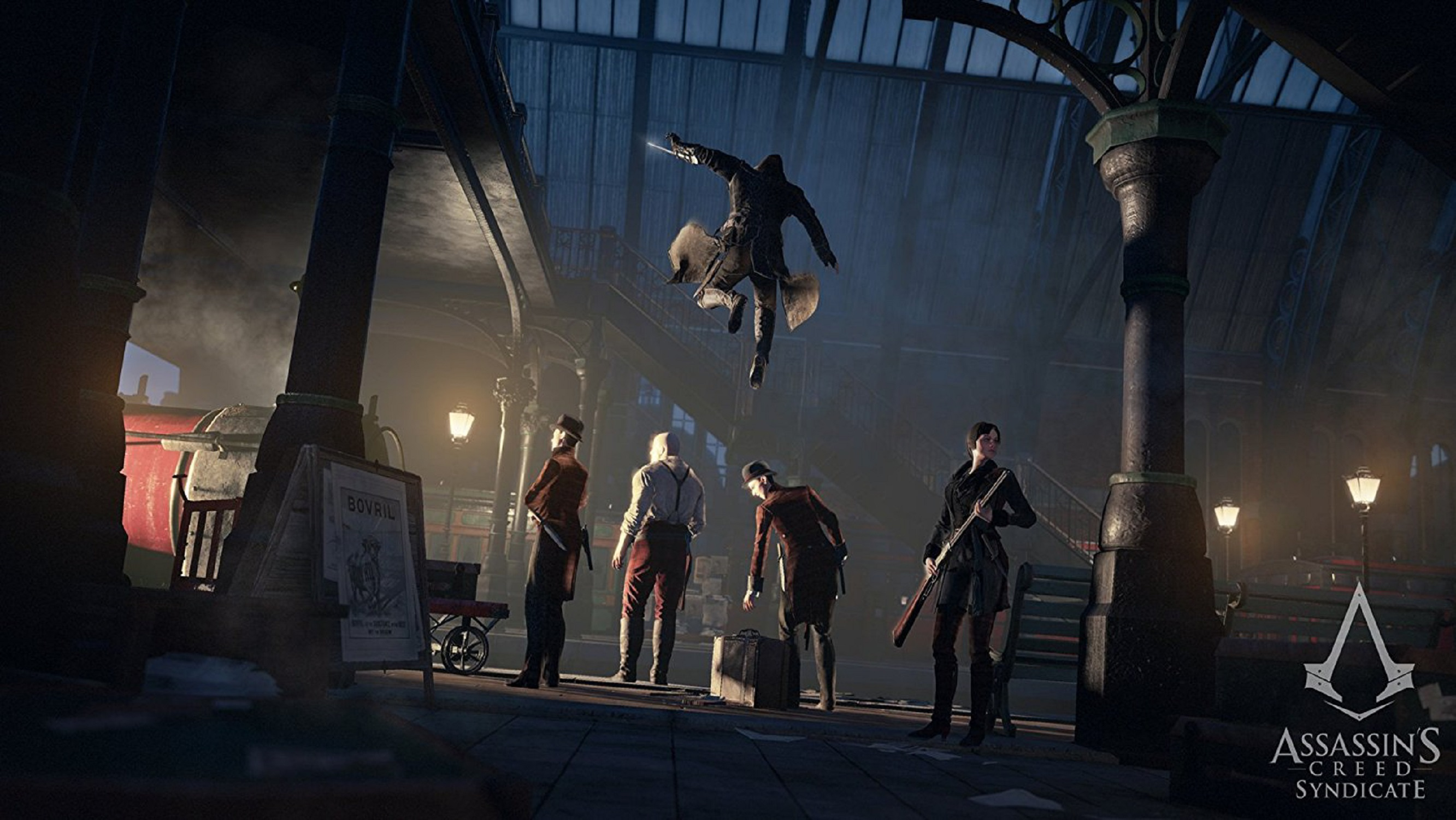Assassin's Creed Syndicate Szene: Figur springt über Menschen in einem Bahnhof bei Nacht.