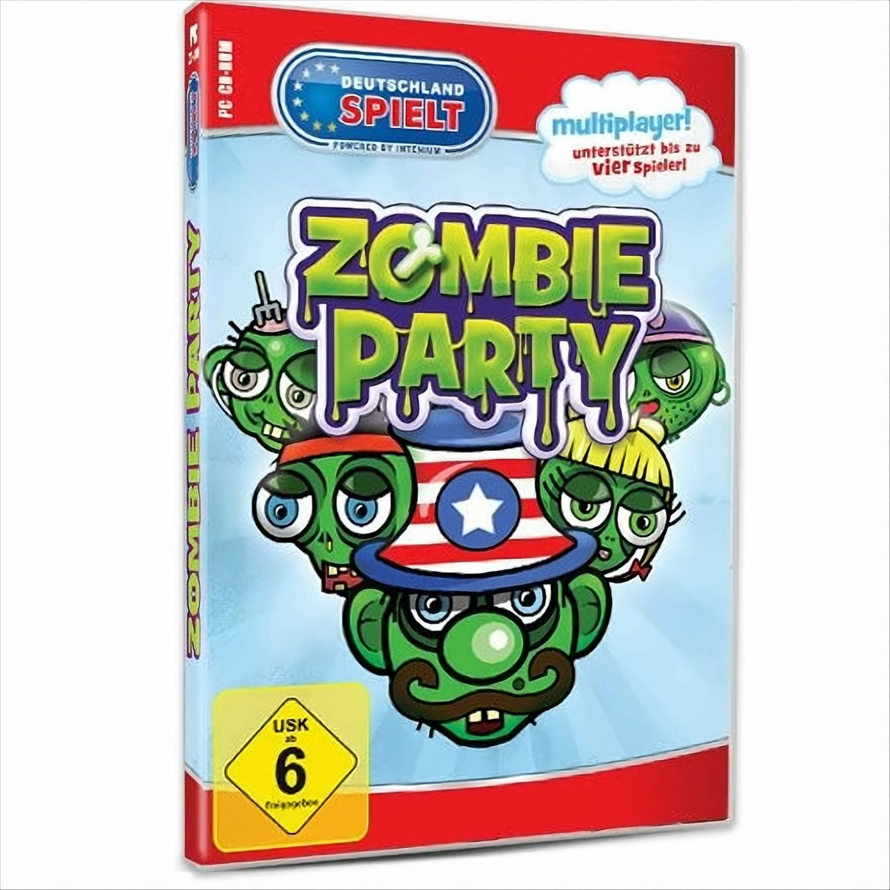 Zombie Party-Spielcover: Cartoon-Zombies mit US-Hut. Grünes und blaues Design.