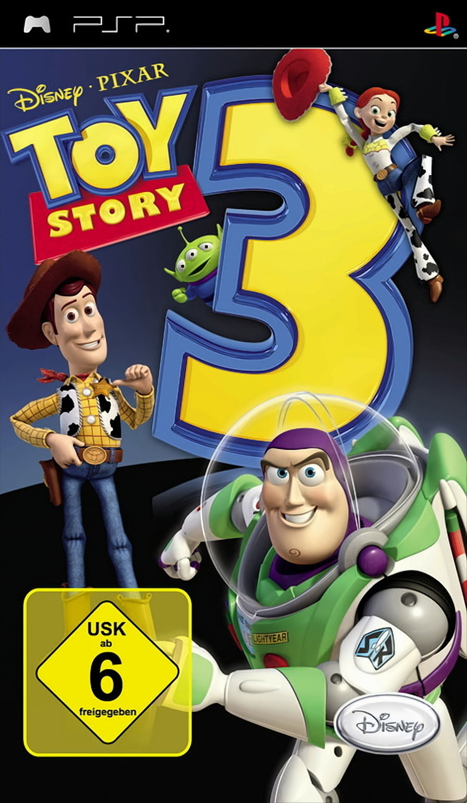 Toy Story 3-Spielcover mit Woody, Buzz und anderen Charakteren. Der Hintergrund ist gelb und blau.